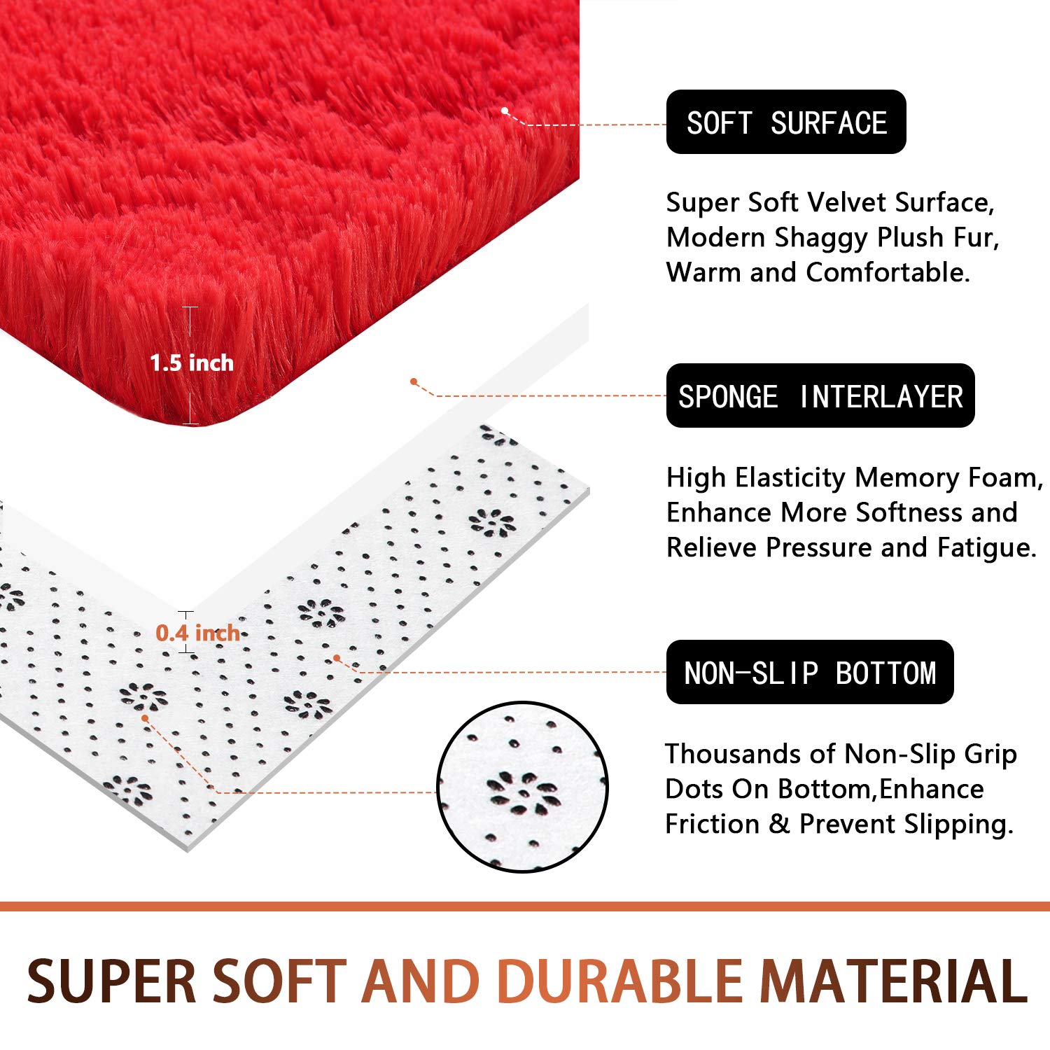 Soft Fluffy Red Shaggy Area Rug 4x6 Feet - Non-Slip Washable Carpet for Bedroom, Living Room, Kids Room, Nursery, Office & Dorm Decor | Cozy Home Accent for Comfort & Style