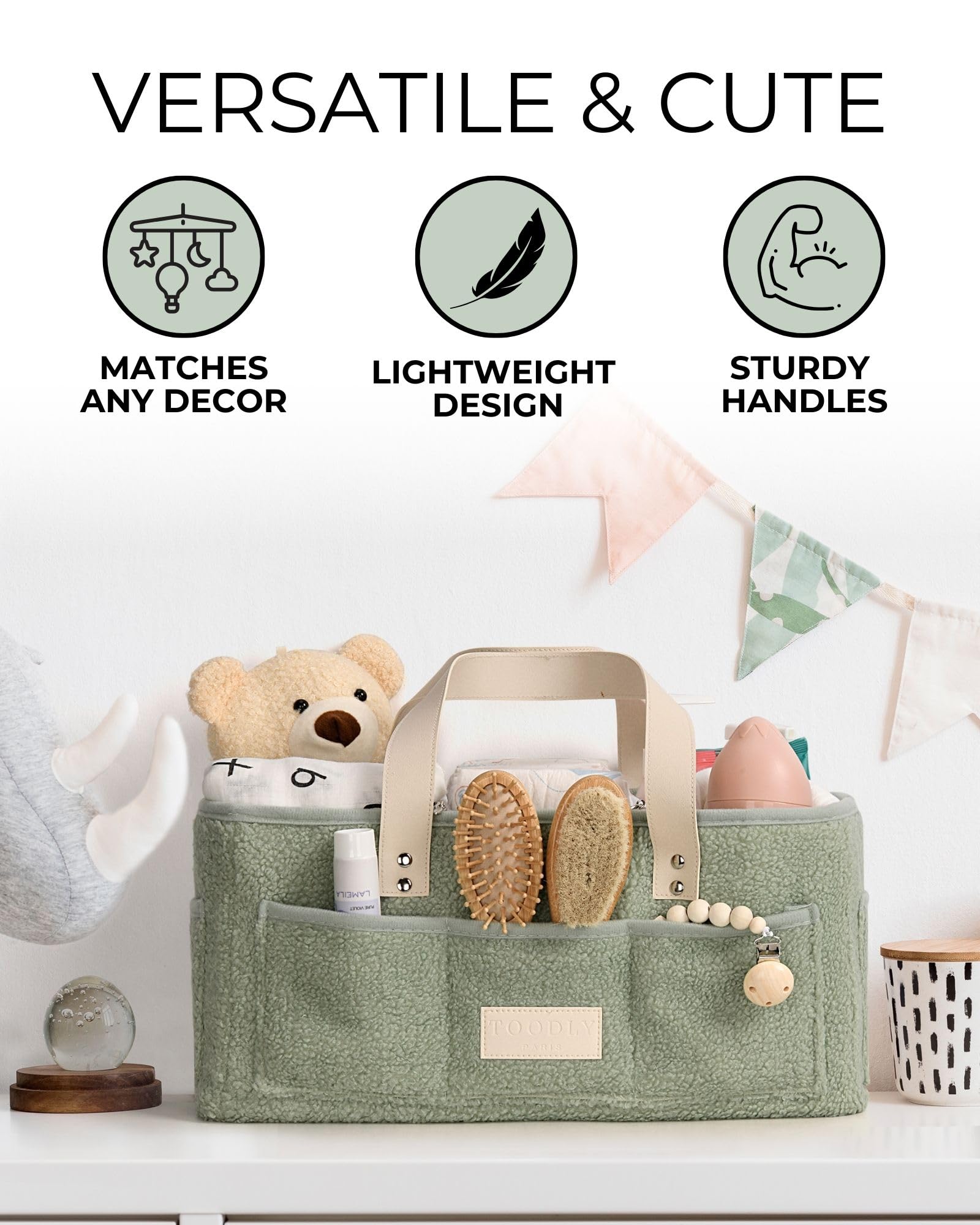 Portable Baby Diaper Caddy Organizer with Changing Mat & Burp Cloth - Soft Teddy Fleece Diaper Station for Nursery - Multi-Compartment Baby Basket for Diapers, Wipes & Essentials - Perfect for Nursery, Travel & On-the-Go Diaper Changes