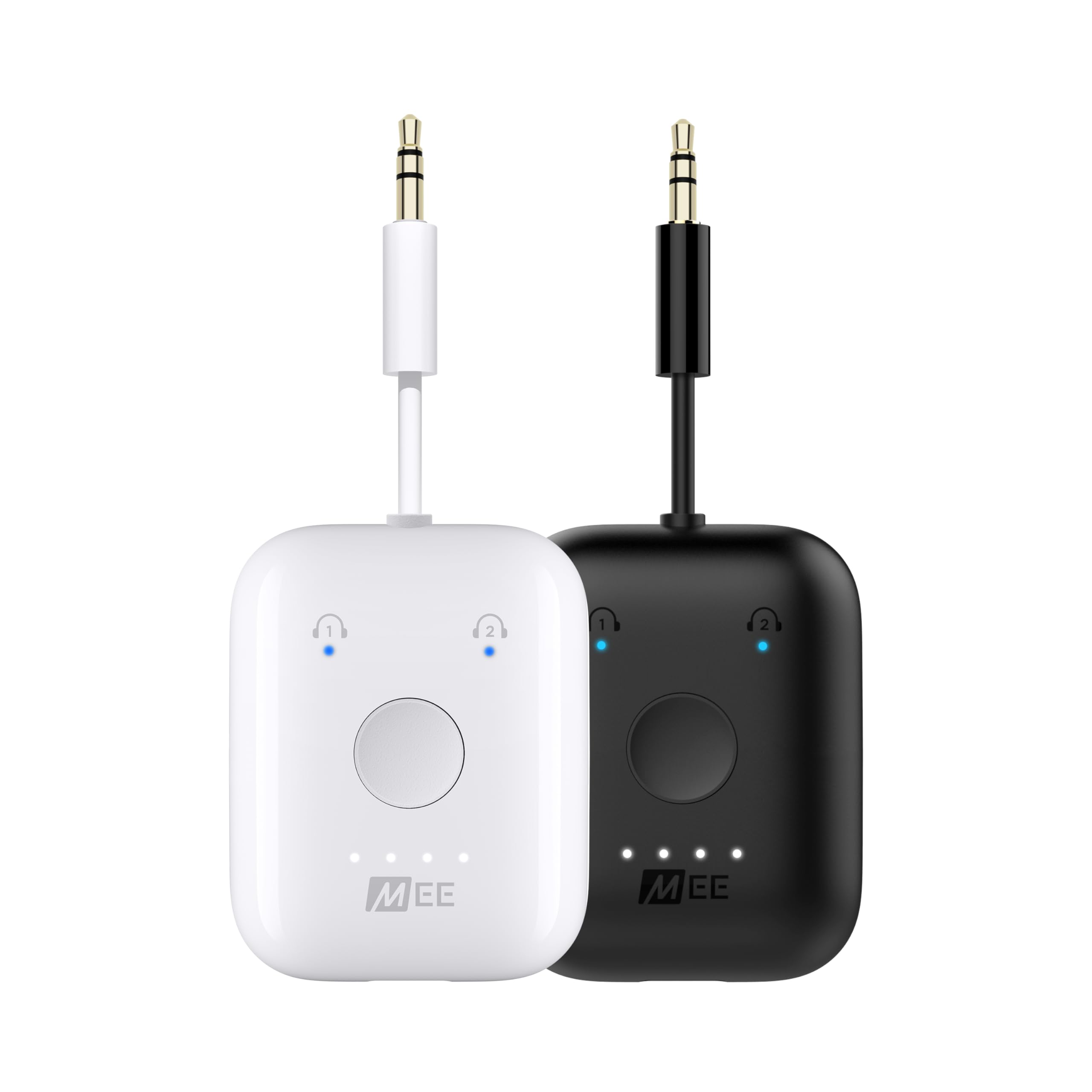 MEE Audio Connect Air (2 Pack) - Wireless Bluetooth Audio Transmitter for Airplanes, TVs & Gaming - Dual Pairing for 2 AirPods/Headphones - Compatible with All 3.5mm AUX Jacks - Perfect for Travel, Home Entertainment & Workouts (Black & White)