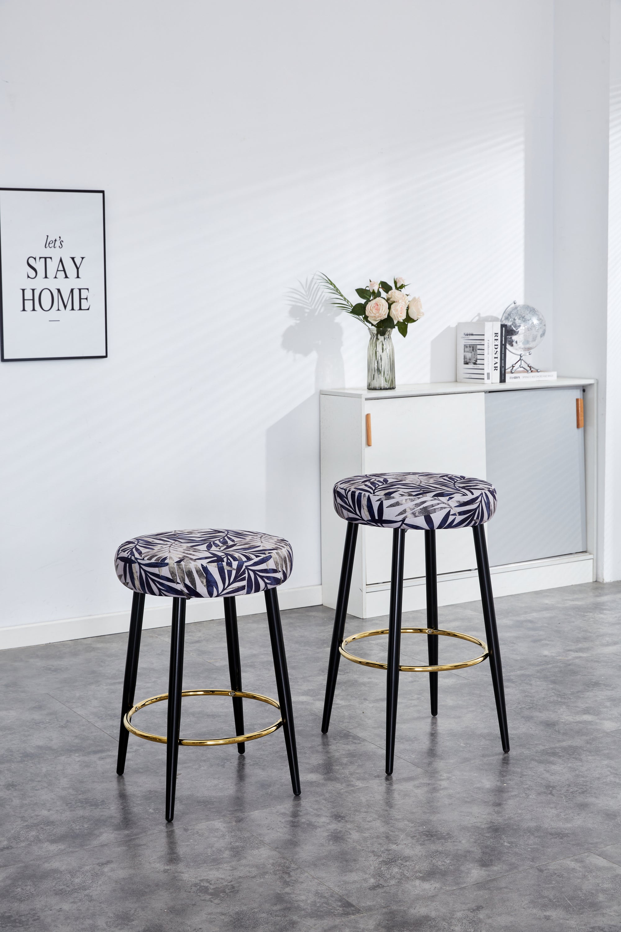 2 Pack Counter Height Bar Stools - 24 Inch PU Upholstered Dining Chairs with Golden Footrest, Velvet Silver Leaves Design for Kitchen Island, Coffee Shop, Home Bar & Balcony - Modern Kitchen Stools for Dining & Entertaining