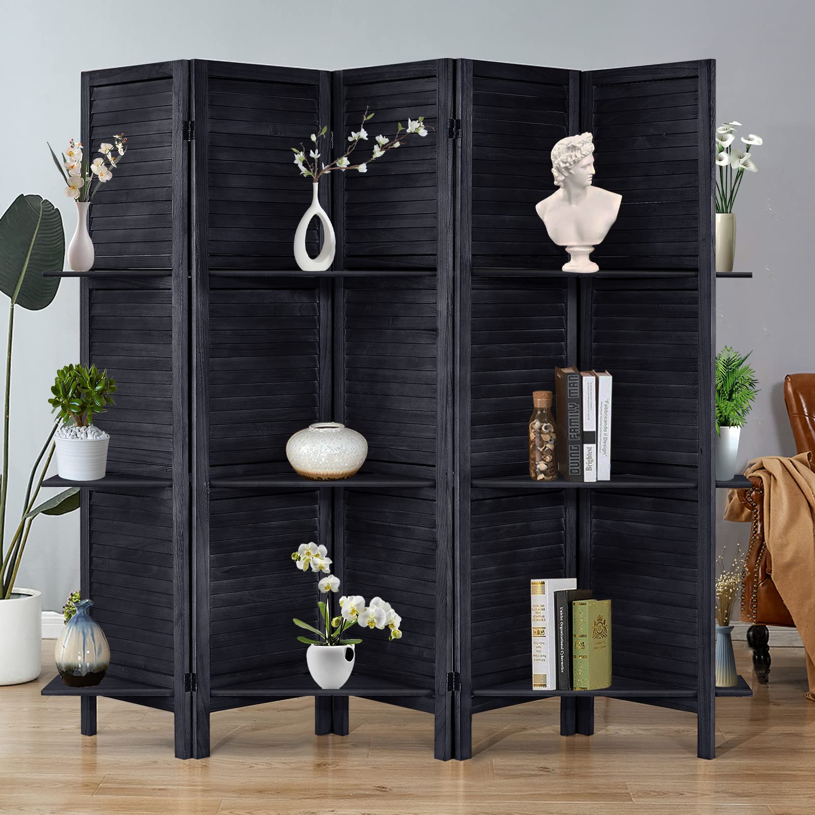 5.6 Ft Tall Wood Room Divider with Shelves - 5 Panel Folding Privacy Screen & Wall Partition for Home, Office, or Studio (Black) | Space Separator for Living Room, Bedroom, and Workspace