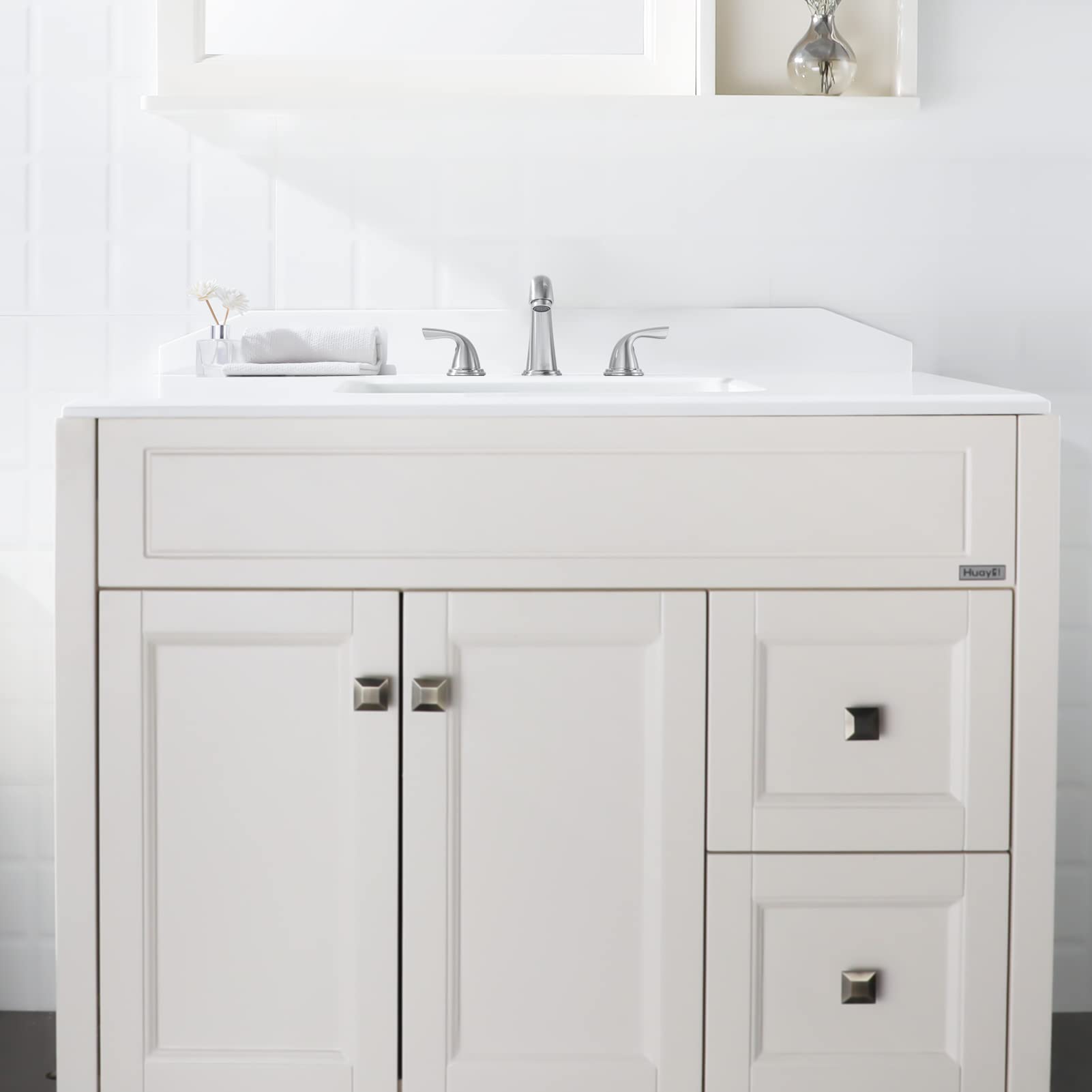 PARLOS 8 Inch Widespread 3-Hole Bathroom Sink Faucet - Brushed Nickel Finish, Deck Mount Lavatory Faucet with 2 Handles (Model 1435002D) - Perfect for Modern Vanity & Bathroom Renovation