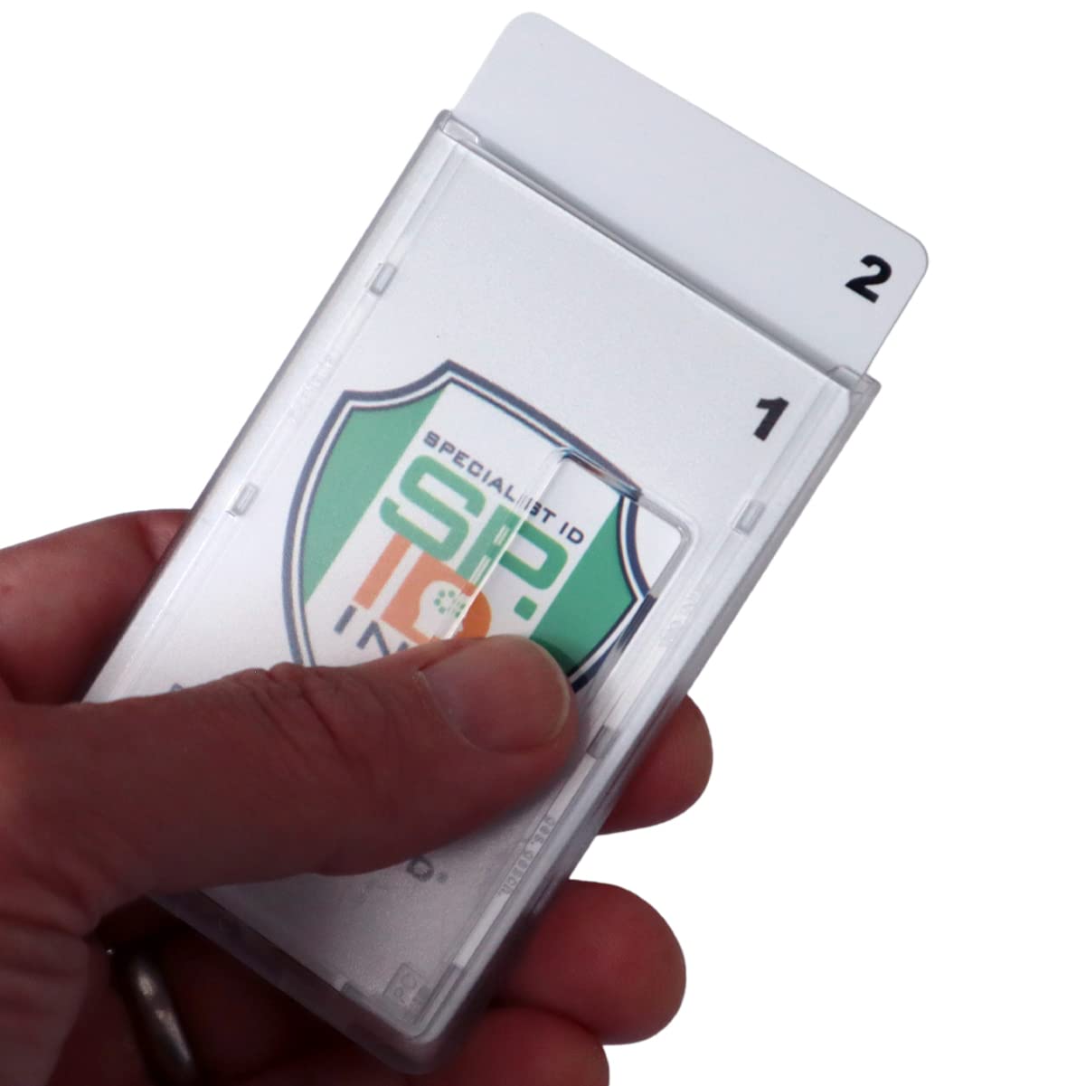 50 Pack Heavy Duty Dual Sided Vertical Badge Holders - Polycarbonate Clear Plastic Card Protector Case with Top Load Sleeve - Holds 2 ID Cards Securely - Ideal for Offices, Schools, Hospitals, Conventions & Corporate Events