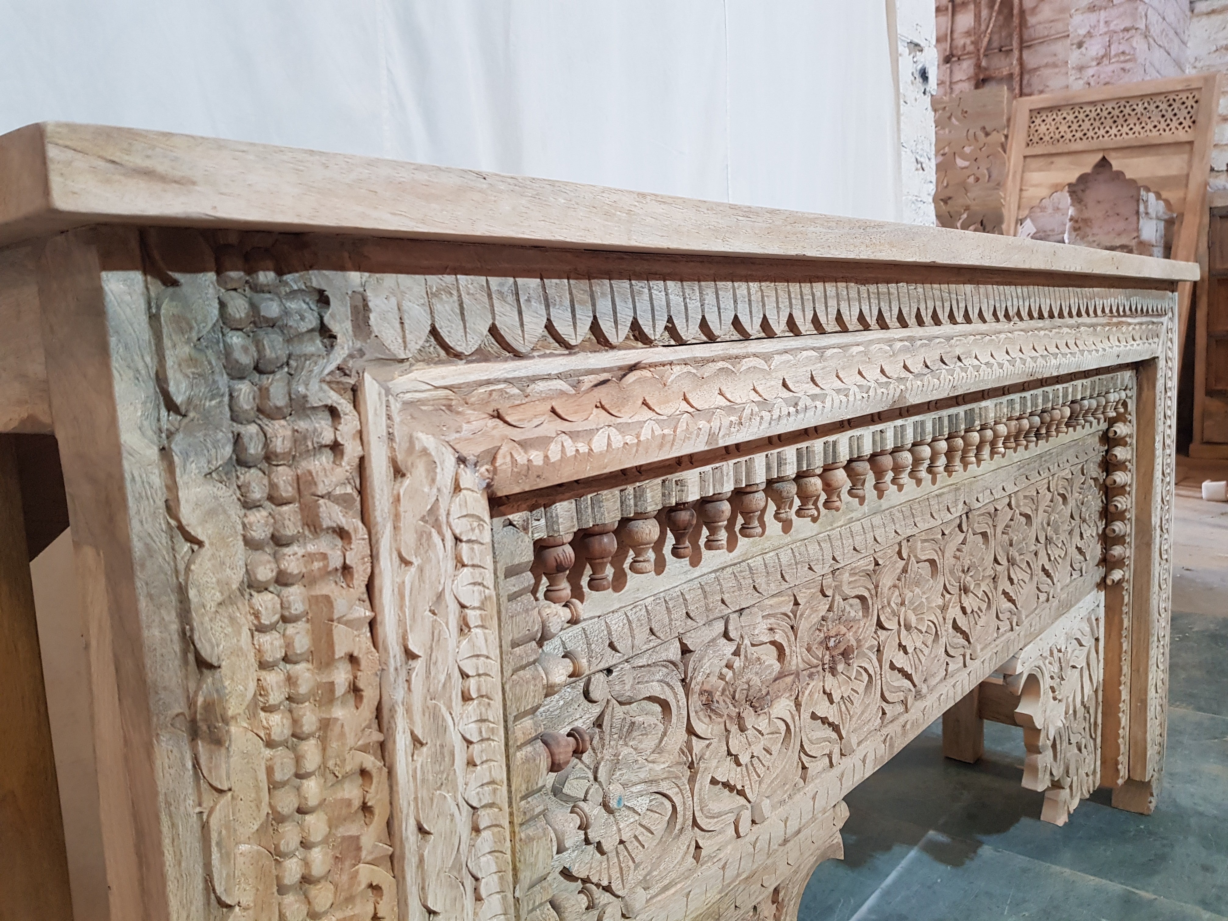 Hand Carved Indian Solid Wood Console Table - Natural Finish, 67