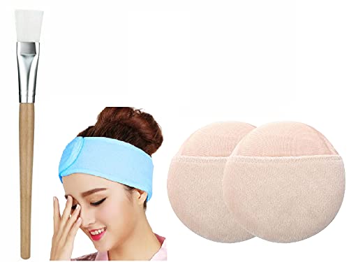 Soft Cotton Powder Puff with Facial Headband & Wooden Brush - Foundation Sponge for Women & Men - Face & Neck Makeup Brush Set - Perfect for Daily Makeup Application & Professional Beauty Routines
