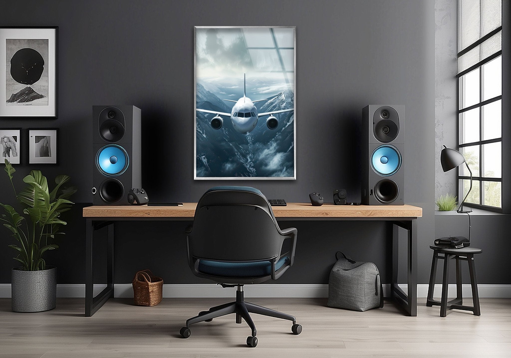 Snowy Mountain Airplane Landscape - Stunning Glass Wall Art for Home & Office Decor - Perfect for Living Room, Bedroom, or Office Wall Decor