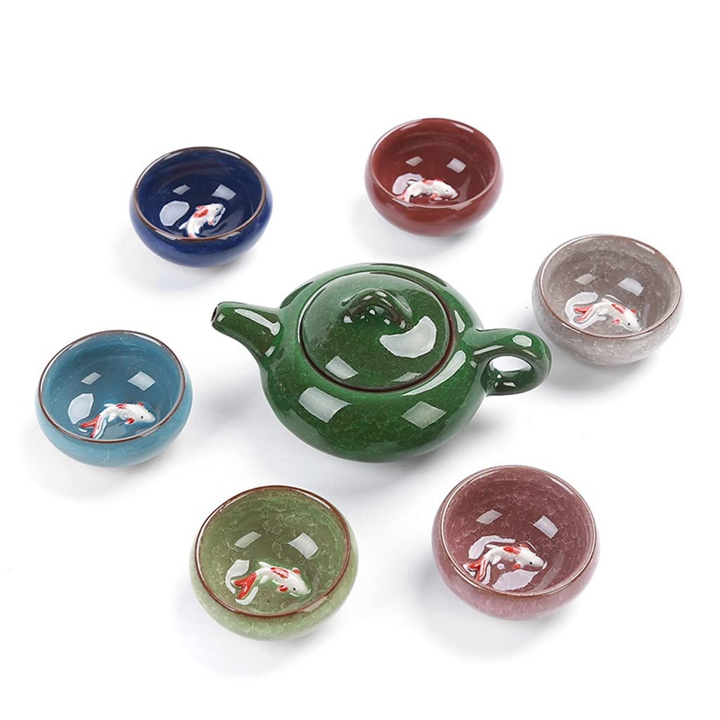 Hand Painted Chinese Kung Fu Tea Set - Porcelain Teapot with 6 Koi Fish Design Cups (7 Colors) - Perfect for Tea Ceremony, Home Decor & Gift Giving