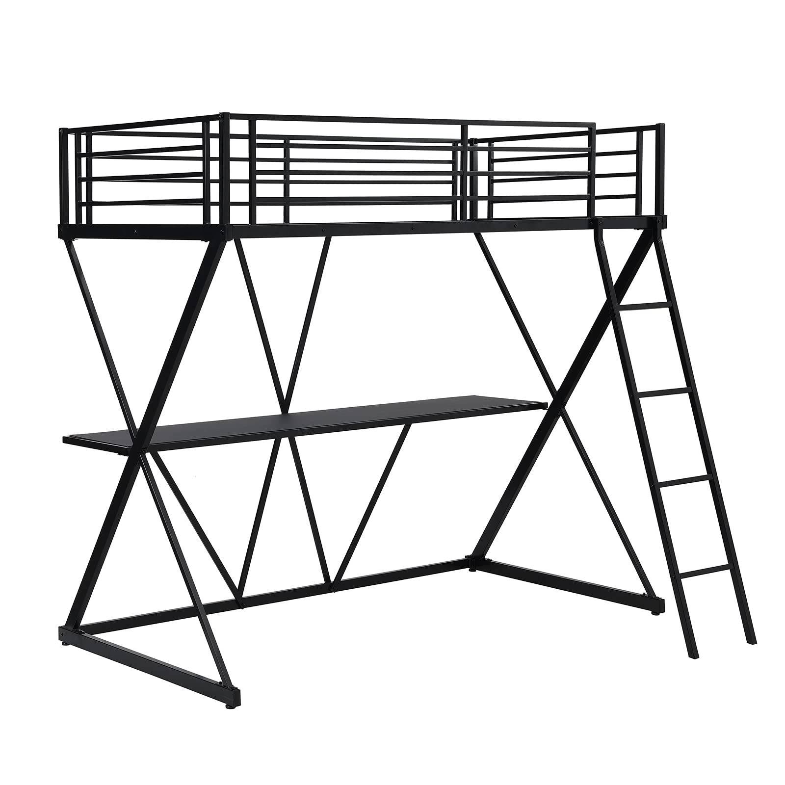 Sturdy Steel Twin Loft Bed with Built-in Desk & Ladder | Full-Length Safety Guardrails & X-Shaped Frame - Black | Space-Saving Kids & Teens Bedroom Furniture for Small Rooms & Dorm Rooms