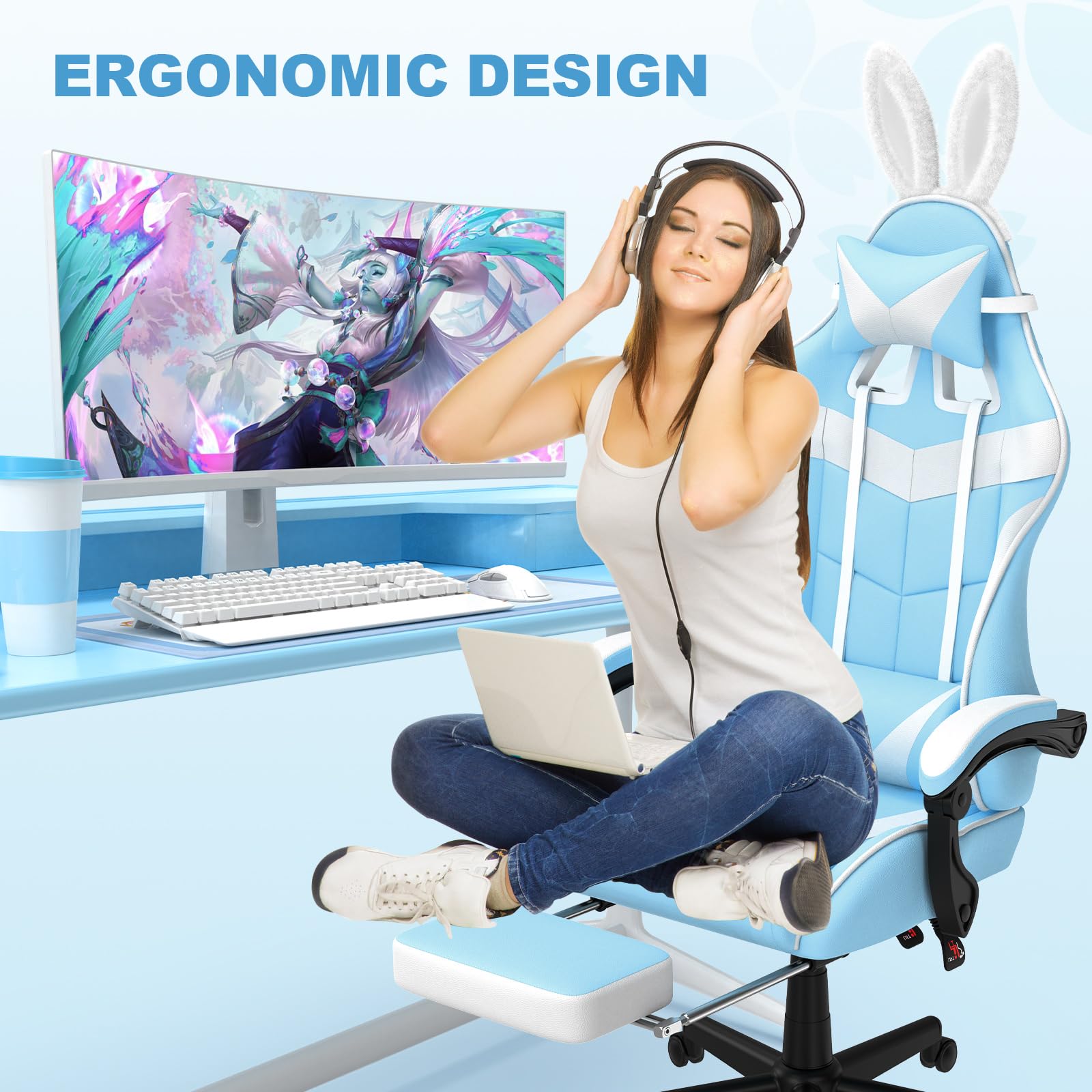 Soontrans Light Blue Gaming Chair with Adjustable Footrest - Cute Bunny Design Ergonomic Computer Chair for Girls, Teens & Women - Perfect for Gaming, Studying & Office Work