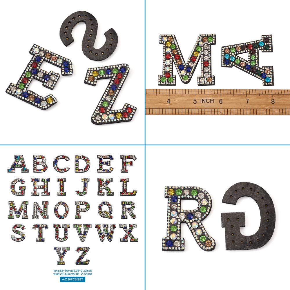 26pcs Rhinestone Letter A-Z Sew On/Iron On Alphabet Patches - DIY Garment Embellishments for Jackets, Jeans, Hats & Costumes - Sparkling Clothes Decor & Fashion Accessories (Perfect for Customizing Denim, Party Outfits & Biker Jackets)