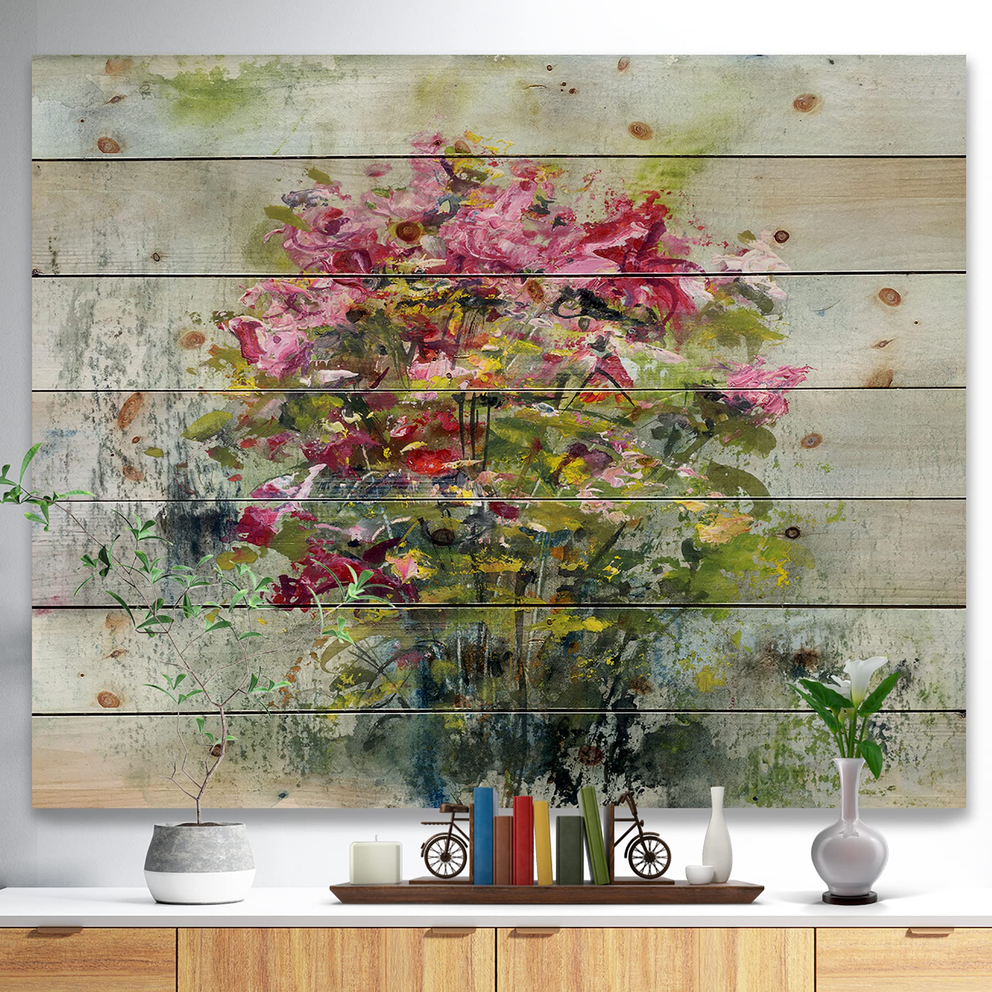 DesignQ Bouquets of Roses Painting - Nautical & Coastal Wood Wall Decor, Green Floral Wood Wall Art, Large Pine Wood Wall Panels (40x30) - Perfect for Living Room, Bedroom, or Office Decoration