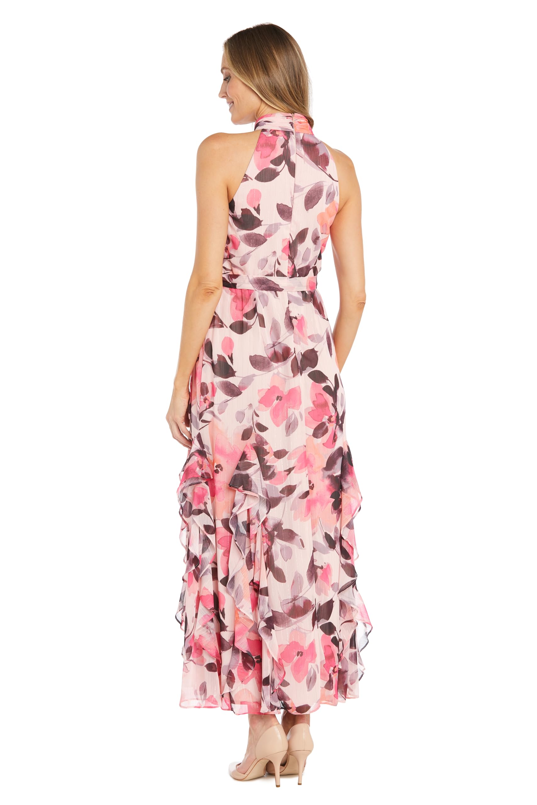 Blush Coral Floral Maxi Dress with Halter Neck & Ruffle - Summer Beach Wedding, Vacation, Boho Chic Outfit for Women