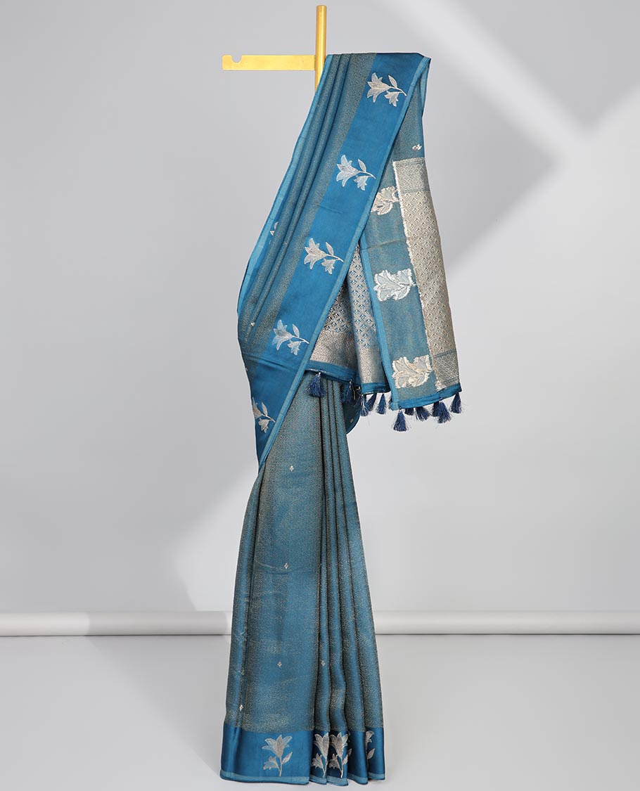 Elegant Blue Floral Silk Saree with Self Floral Zari & Intricate Zari Pallu - Perfect for Weddings, Parties & Festive Occasions