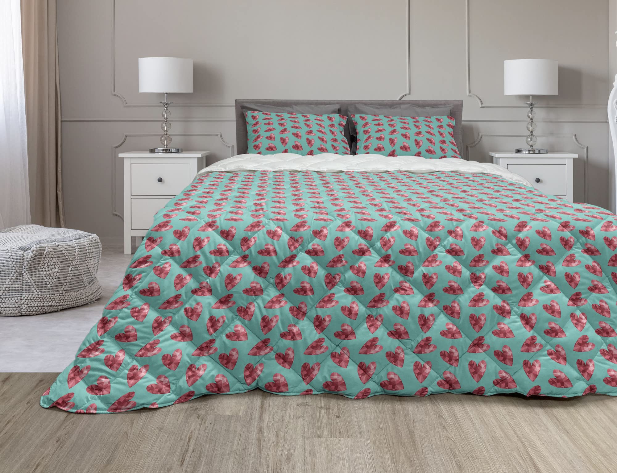 Ambesonne Valentine's Day Comforter Set - 3 Piece Queen Size Polygonal Heart Design Microfiber Duvet Cover with Sham, Turquoise & Dark Coral - Romantic Bedroom Decor for Couples, Anniversary Gift