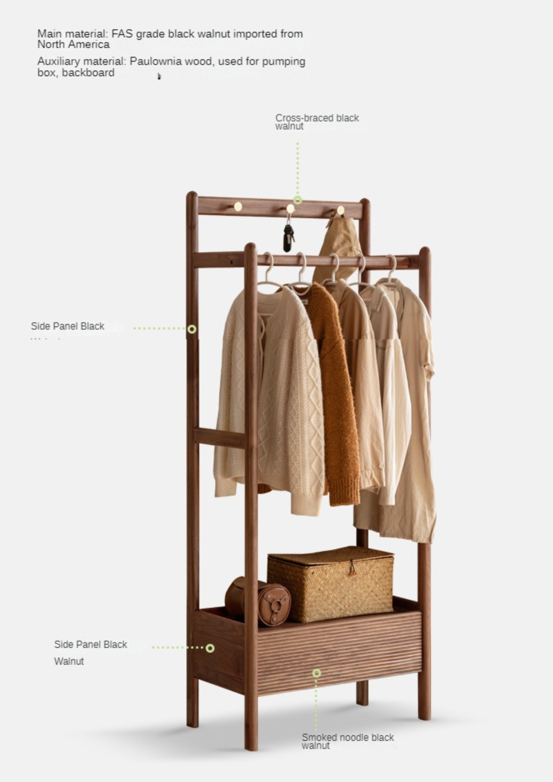Premium Black Walnut & Oak Solid Wood Floor-to-Ceiling Clothes Storage Rack - Heavy-Duty Garment Organizer for Bedroom, Closet, or Entryway