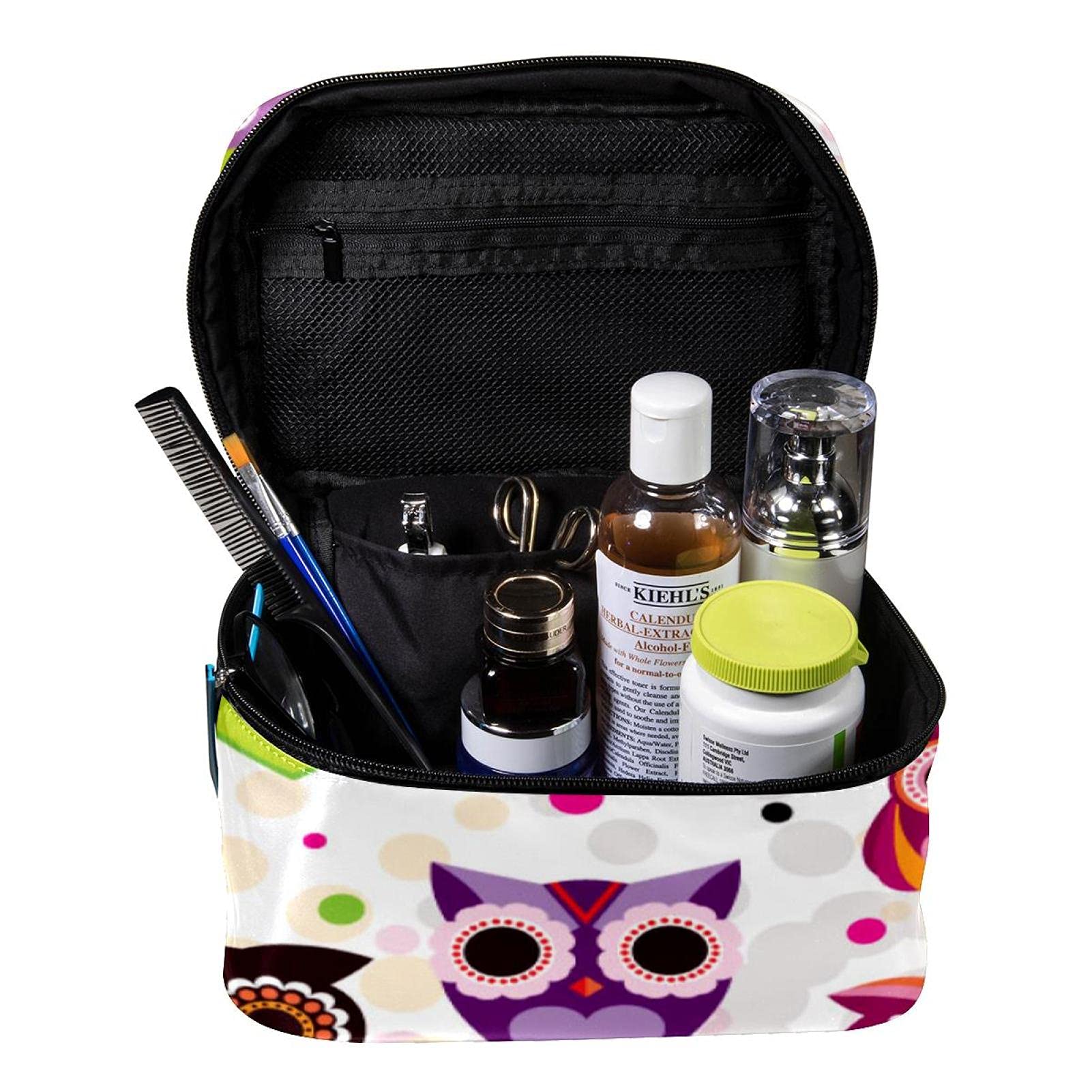 Stylish Owls & Floral Dots Large Travel Makeup Bag - Waterproof Cosmetic Organizer with Zipper for Women & Girls | Perfect for Vacation, Gym, and Daily Essentials Storage