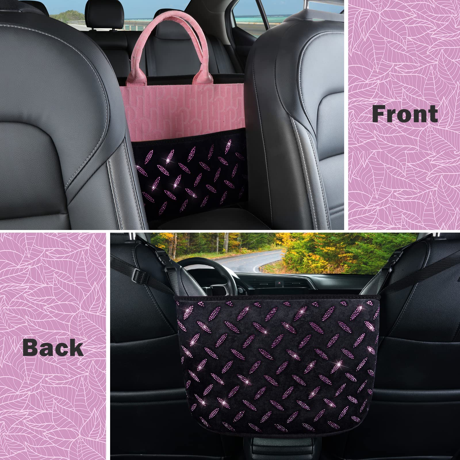 Sparkling Crystal Car Organizer & Storage Purse Holder - Diamond-Studded Seat Back Organizer for Women, Pet Barrier for Dogs & Kids (Pink) - Perfect for Road Trips, Commuting & Family Travel