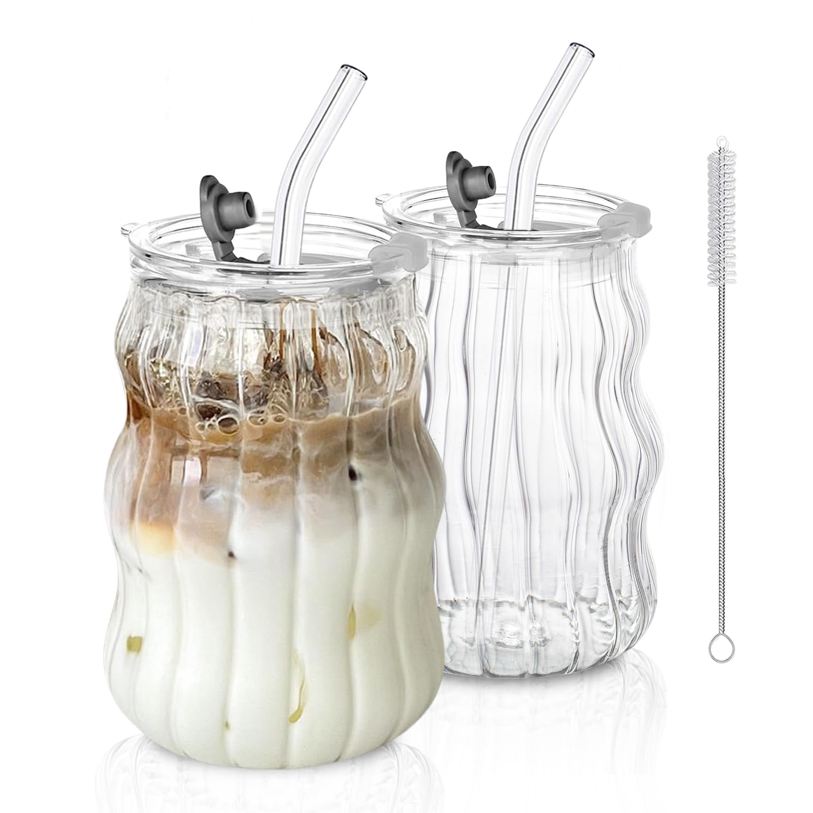 Ribbed Glass Cups with Lids and Straws - 18oz Vintage Wavy Design for Iced Coffee, Bubble Tea & Smoothies | Clear Aesthetic Glassware for Home, Cafe & Gifts