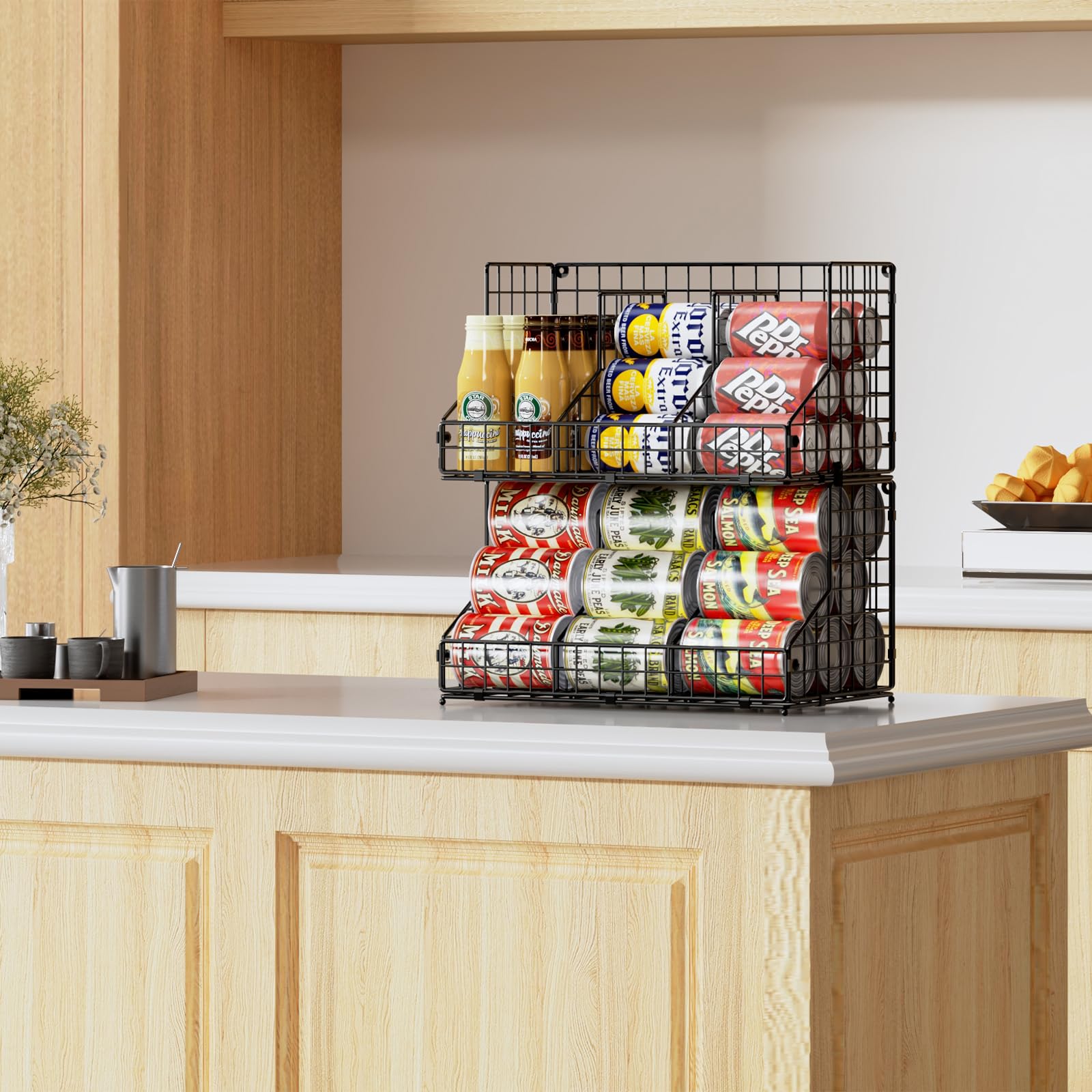 2-Tier Stackable Can Organizer for Pantry & Fridge - Adjustable Dividers Holds 42 Cans - Space-Saving Soda Can Storage Rack for Countertop, Kitchen & Refrigerator (2-Pack) - Perfect for Organizing Canned Goods, Beverages & Groceries in Home or Office