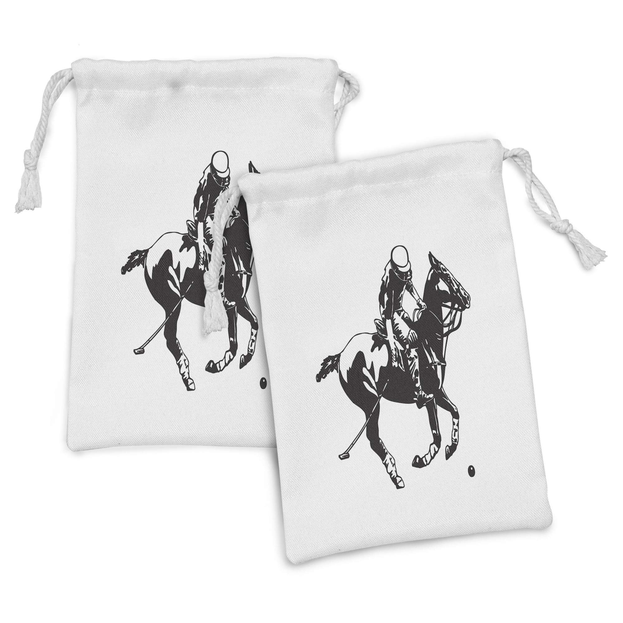 Ambesonne 2-Pack Animal Print Drawstring Pouches - Monochrome Polo Player on Horse Silhouette Design, 9