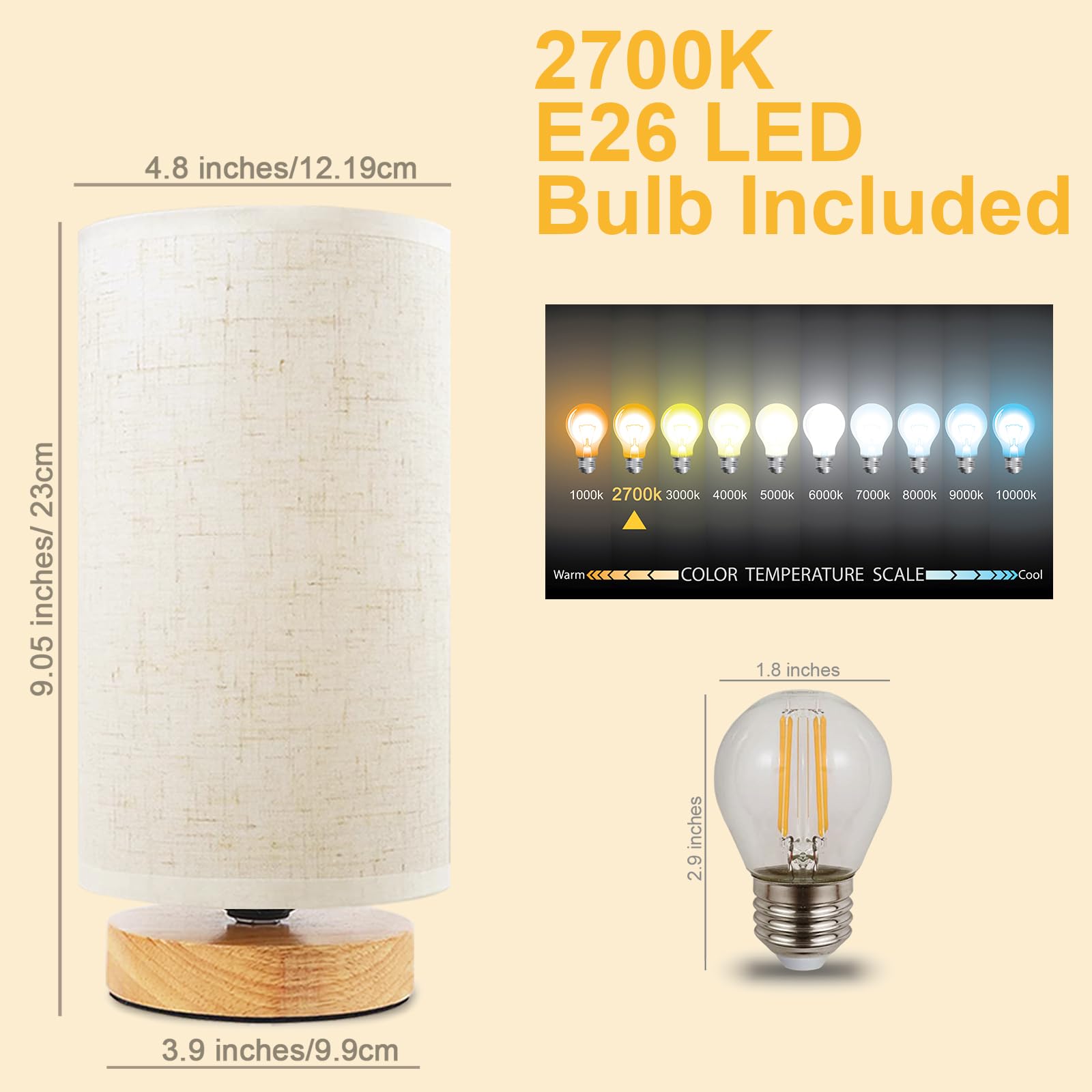 Minimalist Wood Base Round Fabric Shade Small Bedside Table Lamp - Warm White Cozy Nightstand Light for Bedroom, Study Desk, Dorm, Nursery & Living Room | Perfect for Reading, Relaxing & Creating Ambiance