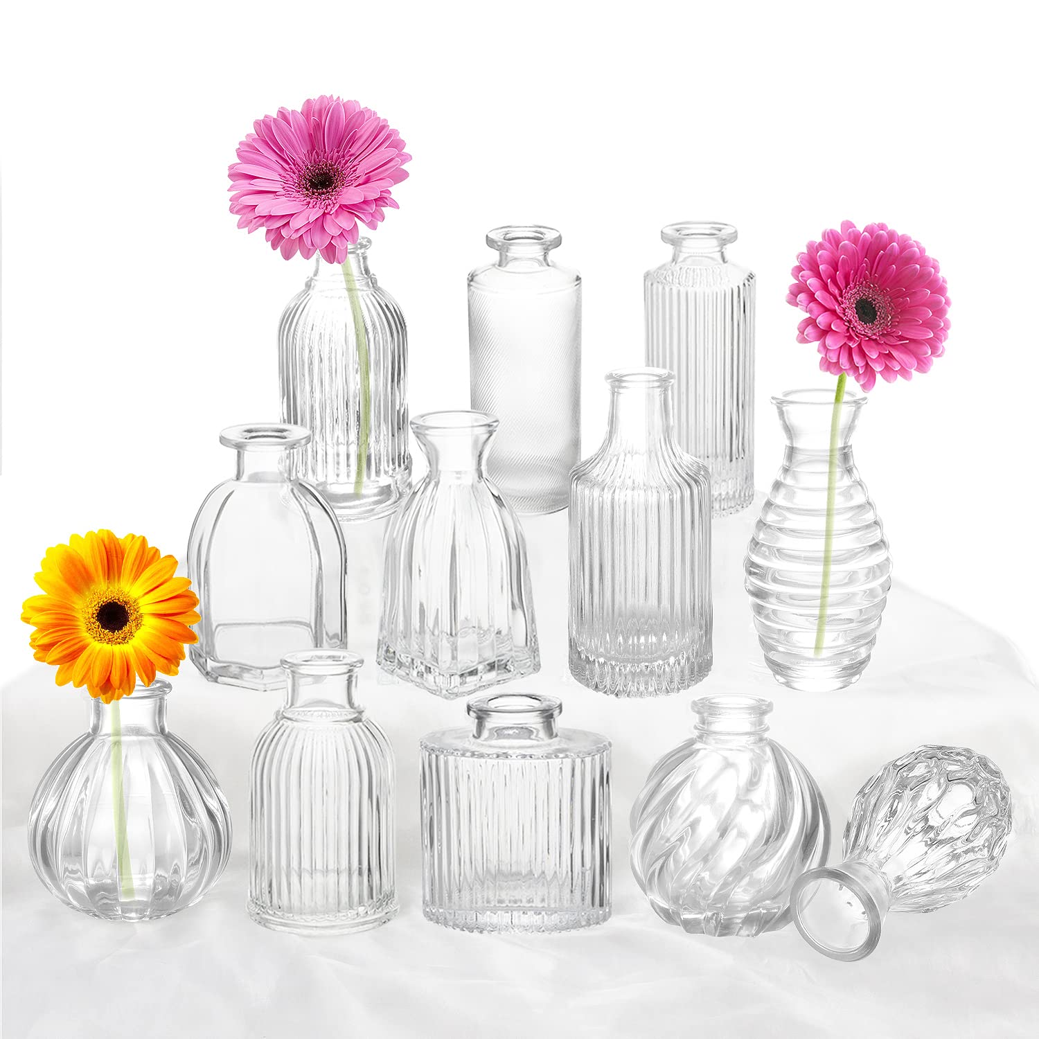 12-Piece Glass Bud Vase Set - Clear Striped Modern Flower Vases for Wedding Centerpieces, Home Decor & Party Table Decorations | Perfect for Floral Arrangements, Dining Table Centerpieces, and Gift Packaging