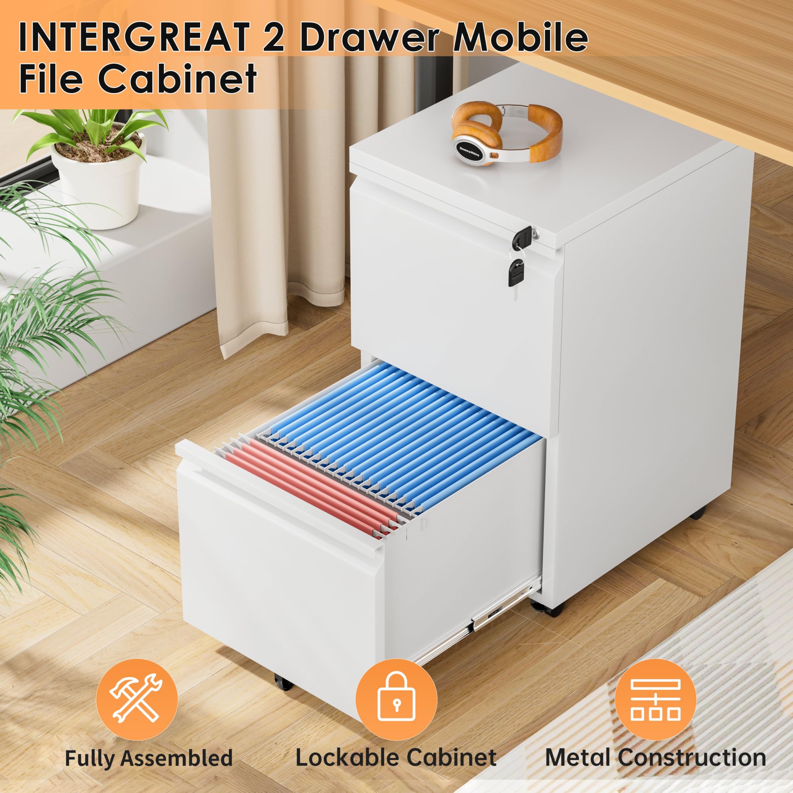 INTERGREAT 2 Drawer Metal File Cabinet with Lock & Wheels - Secure Office Document Organizer for Legal/Letter Size - Under Desk Storage Solution for Home & Business Use