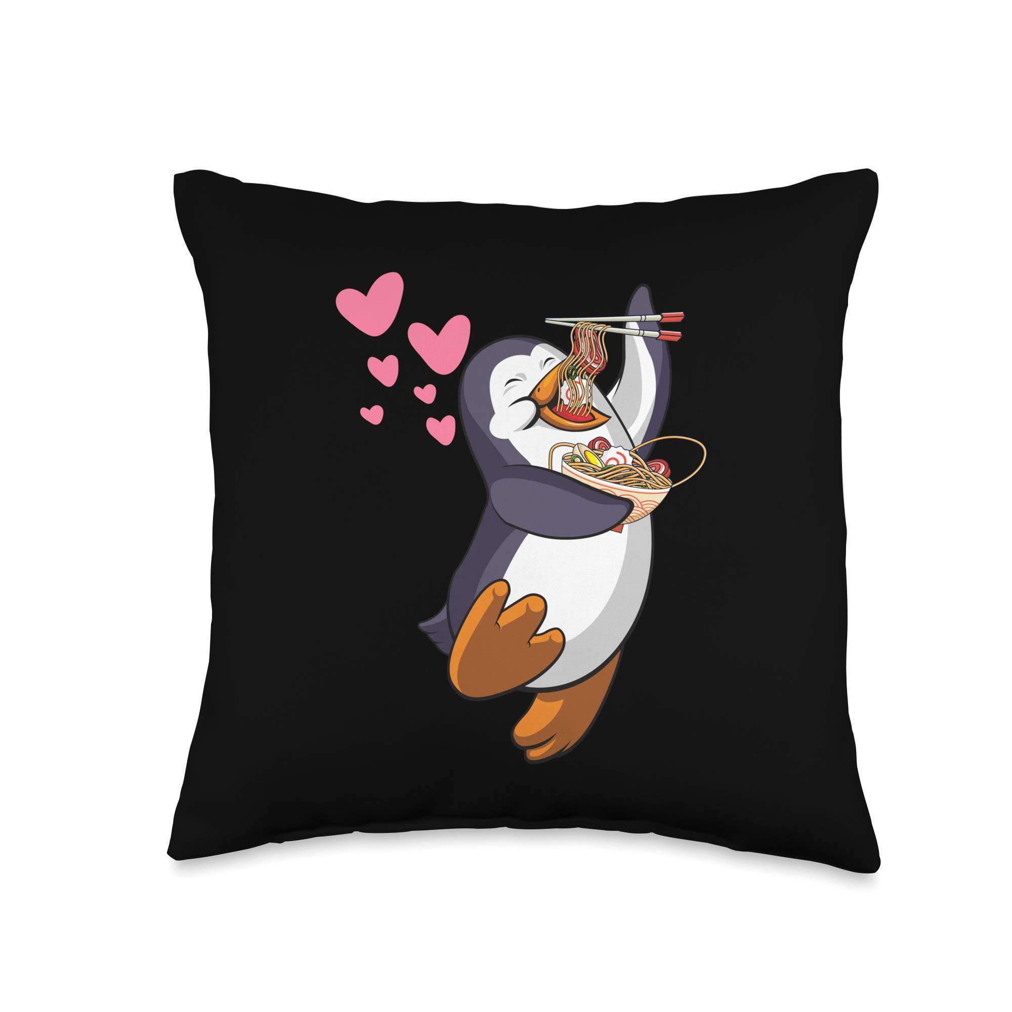 Premium Ramen Noodle Soup Bowl with Chopsticks & Penguin Design Throw Pillow - 16x16 Inch Multicolor Cushion for Anime Lovers, Japanese Food Enthusiasts, and Cozy Home Decor