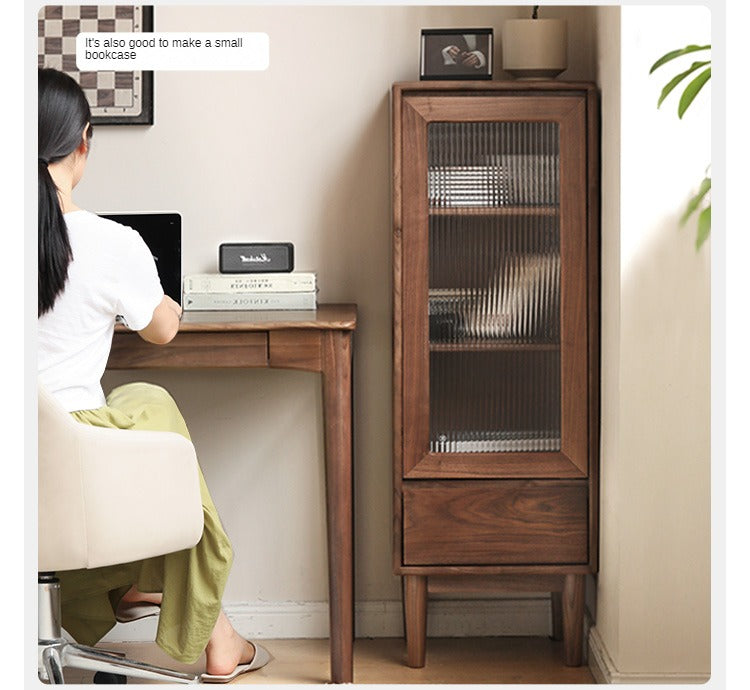 Solid Black Walnut Wood Side Cabinet - Vintage Narrow Storage Cabinet for Bedroom, Living Room & Entryway - Handcrafted Wooden Nightstand with Drawer & Shelf