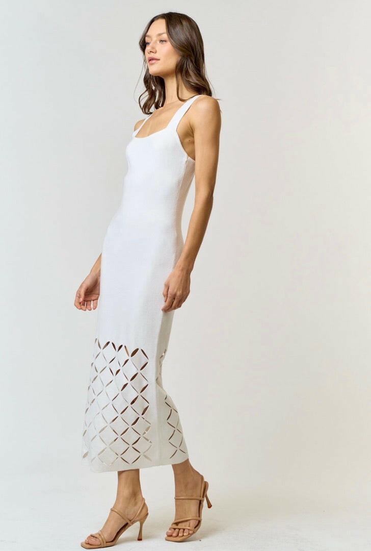 Off White Square Neck Cut Out Detail Sweater Midi Dress - Elegant Winter Office Wear & Holiday Party Outfit