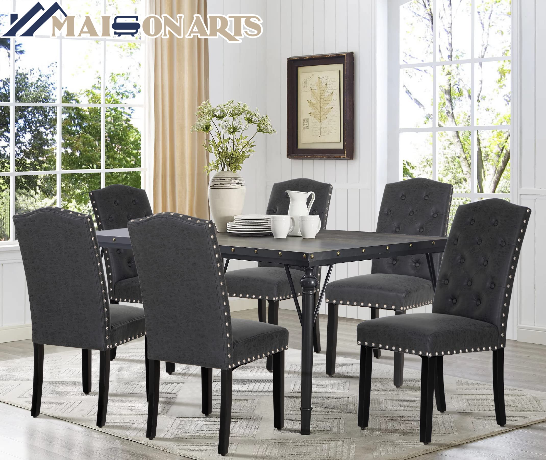 MAISON ARTS Set of 4 Faux Leather Dining Chairs - Upholstered Tufted Modern Kitchen Chairs with Nailhead Trim & Solid Wood Legs - Perfect for Dining Room, Kitchen, Restaurant & Home Decor (Black)