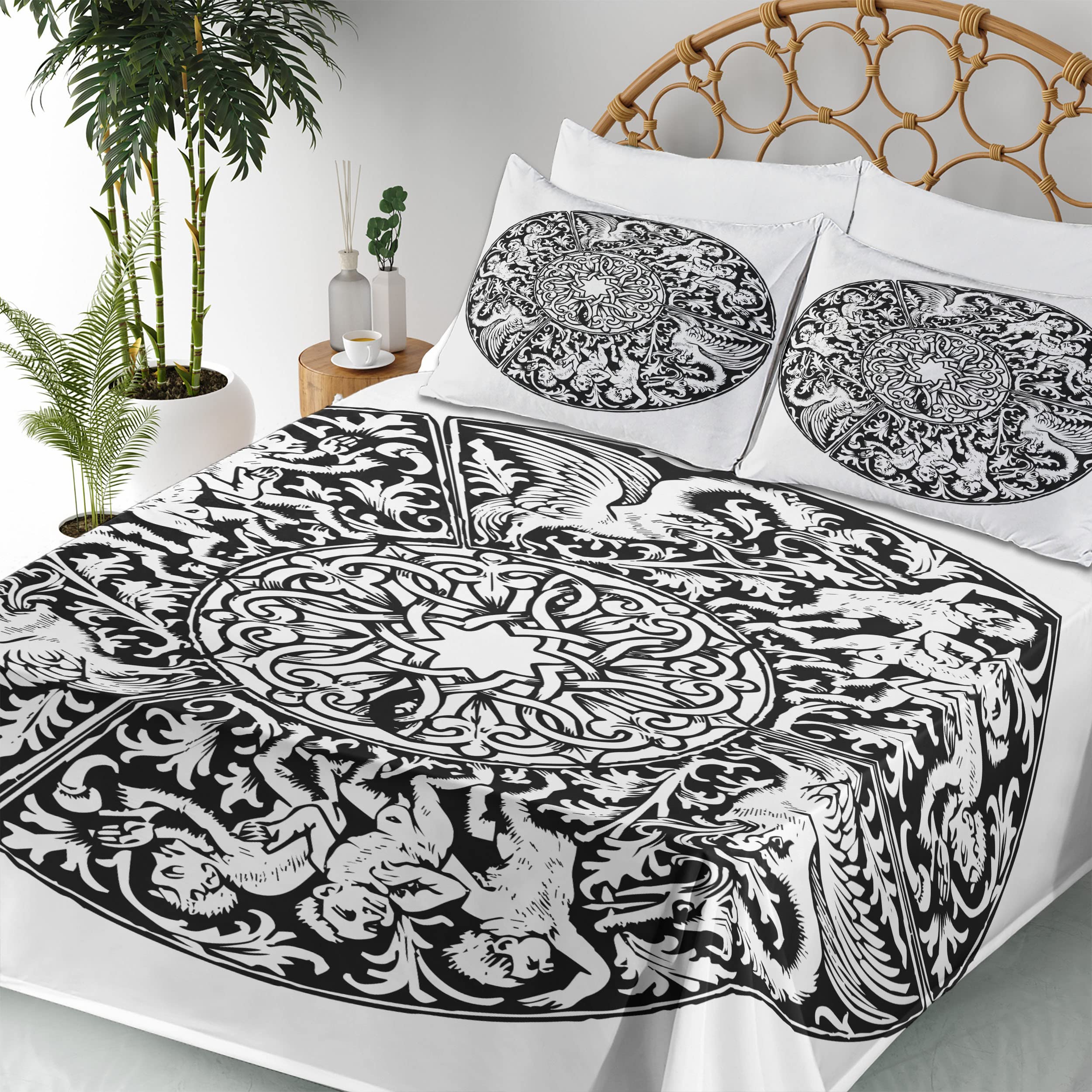 Gothic Bedding Set 4-Piece King Size - Renaissance Victorian Medieval Art Design, Black & White Fitted & Flat Sheets with Pillowcases | Perfect for Gothic Home Decor, Themed Bedrooms & Historical Reenactments