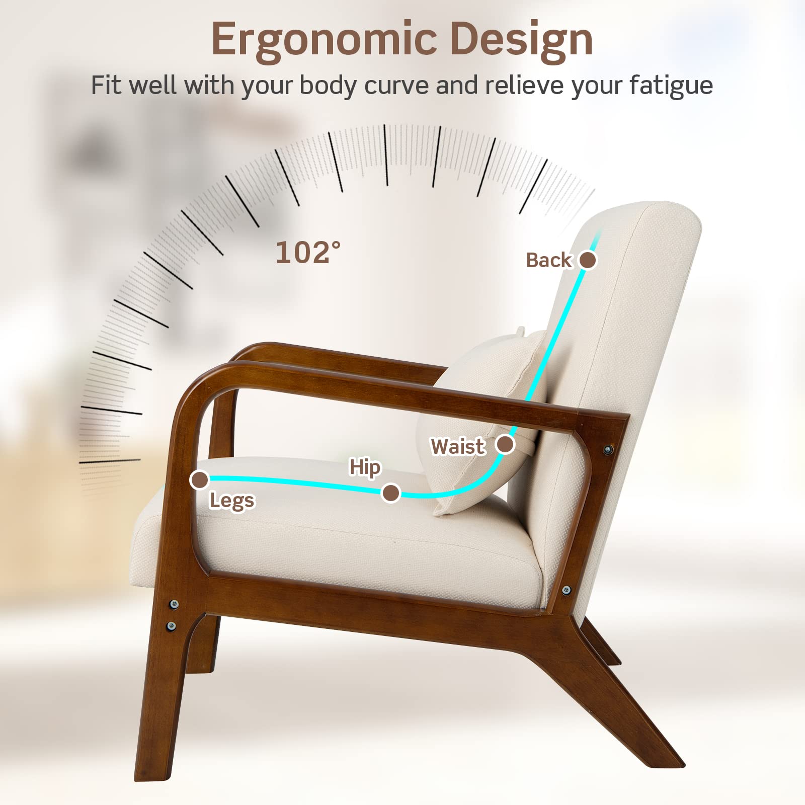 Giantex Modern Accent Chair with Pillow - Comfortable Upholstered Lounge Armchair with Anti-Slip Felt Pads, Sturdy Wooden Frame & Soft Padded Arms for Living Room, Bedroom, Study - Perfect for Relaxing, Reading & Home Decor (Beige)