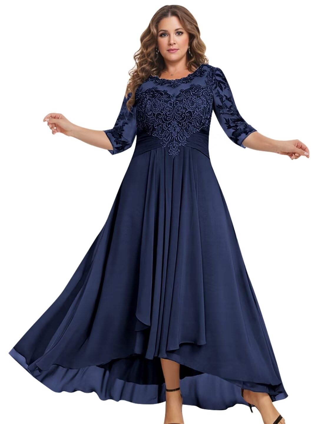Elegant Tea-Length Mother of the Bride Dress with 3/4 Sleeve Lace & Chiffon - Formal Wedding Guest Gown for Special Occasions - Perfect for Weddings, Receptions & Evening Events
