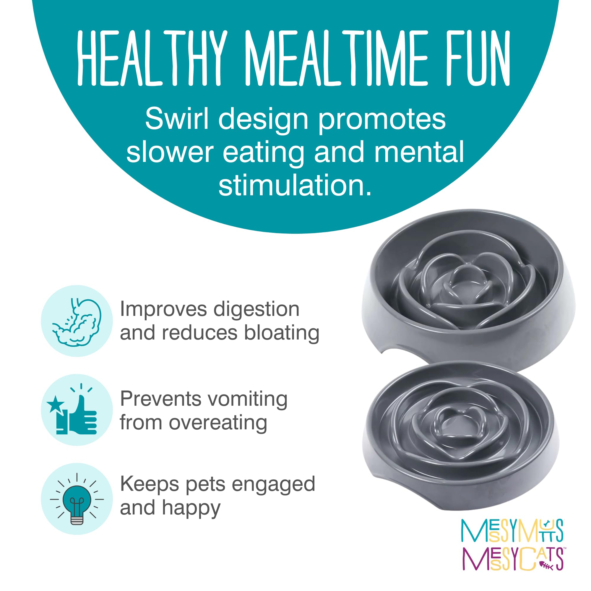 Messy Mutts Interactive Slow Feeder Dog Bowl - Puzzle Feeder for Dogs & Cats to Prevent Bloating & Aid Digestion - 8” x 1.3” Enrichment Food Dish Holds 1.75 Cups - Cool Grey - Perfect for Fast Eaters & Pets with Anxiety During Mealtime