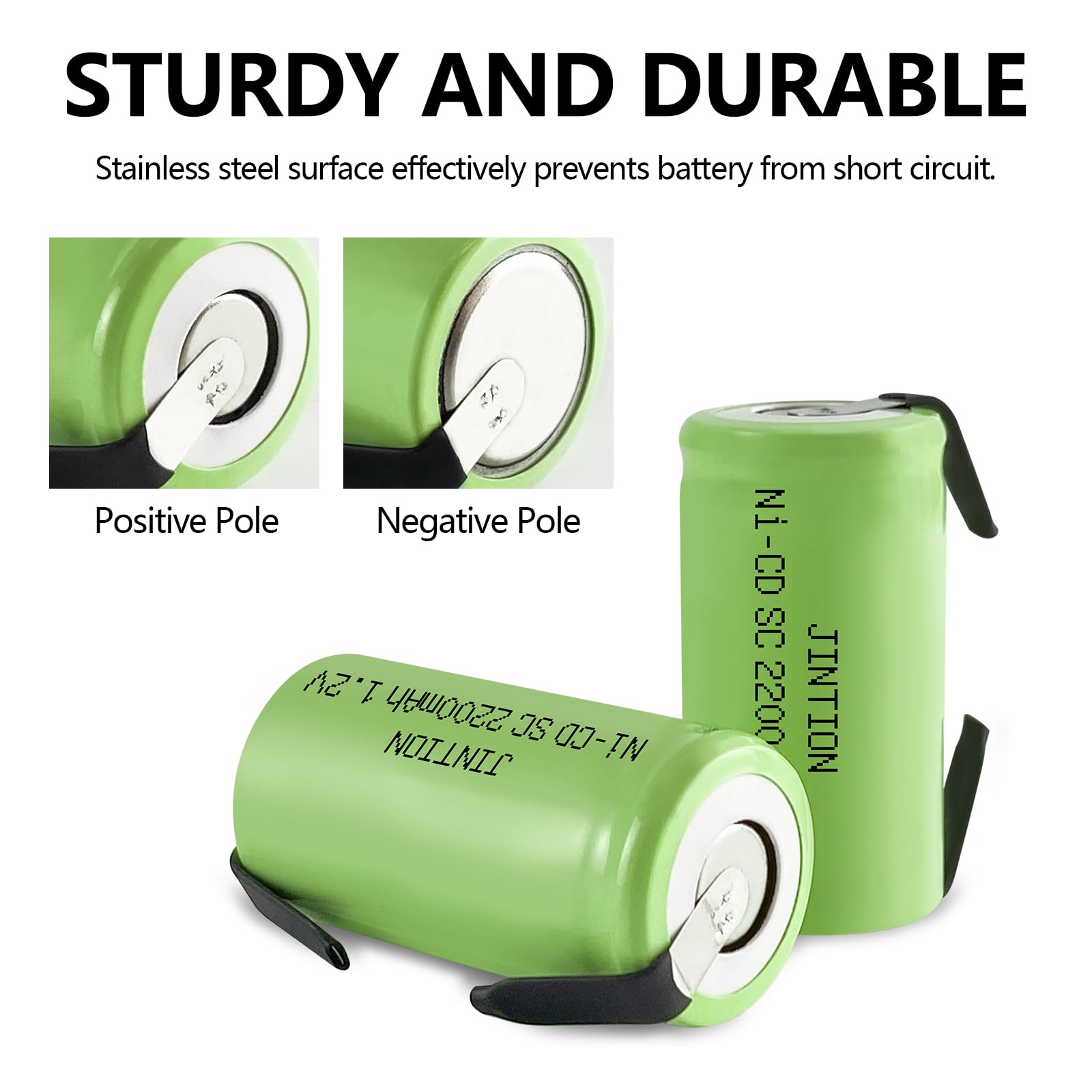 JINTION 2200mAh Sub C NiCd Rechargeable Batteries 1.2V Flat Top with Tabs - 2 Pack for Power Tools, RC Cars, Flashlights & Emergency Devices - High Capacity Battery Replacement for Cordless Tools