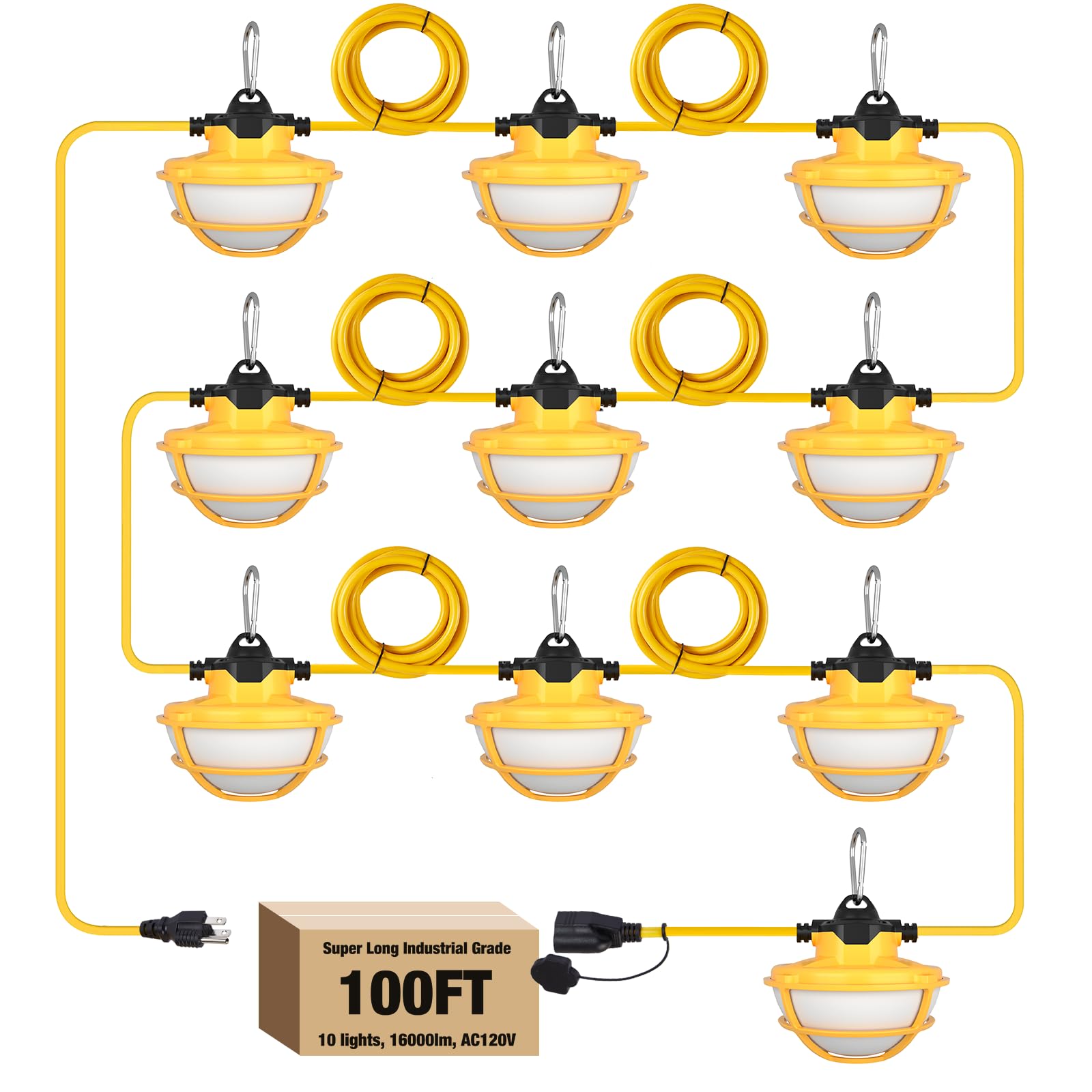 100FT Heavy Duty LED String Lights - 130W 16000LM Industrial Grade Construction Lighting with 3 Prong Plug & Protective Cages - Perfect for Job Sites, Temporary Work Areas, Outdoor Events, Backyard Parties, and Emergency Lighting