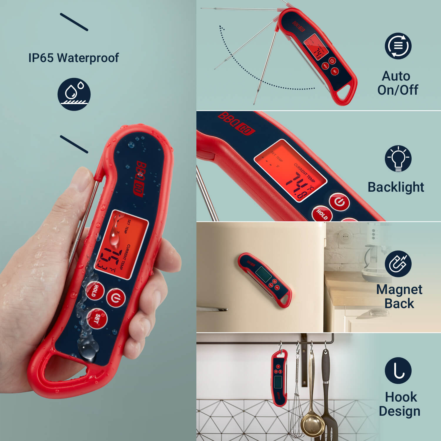 Instant Read Meat Thermometer for Cooking, Grilling & BBQ - Fast & Accurate Digital Food Thermometer with Backlit LCD Display - Perfect for Kitchen, Baking, and Outdoor Cooking