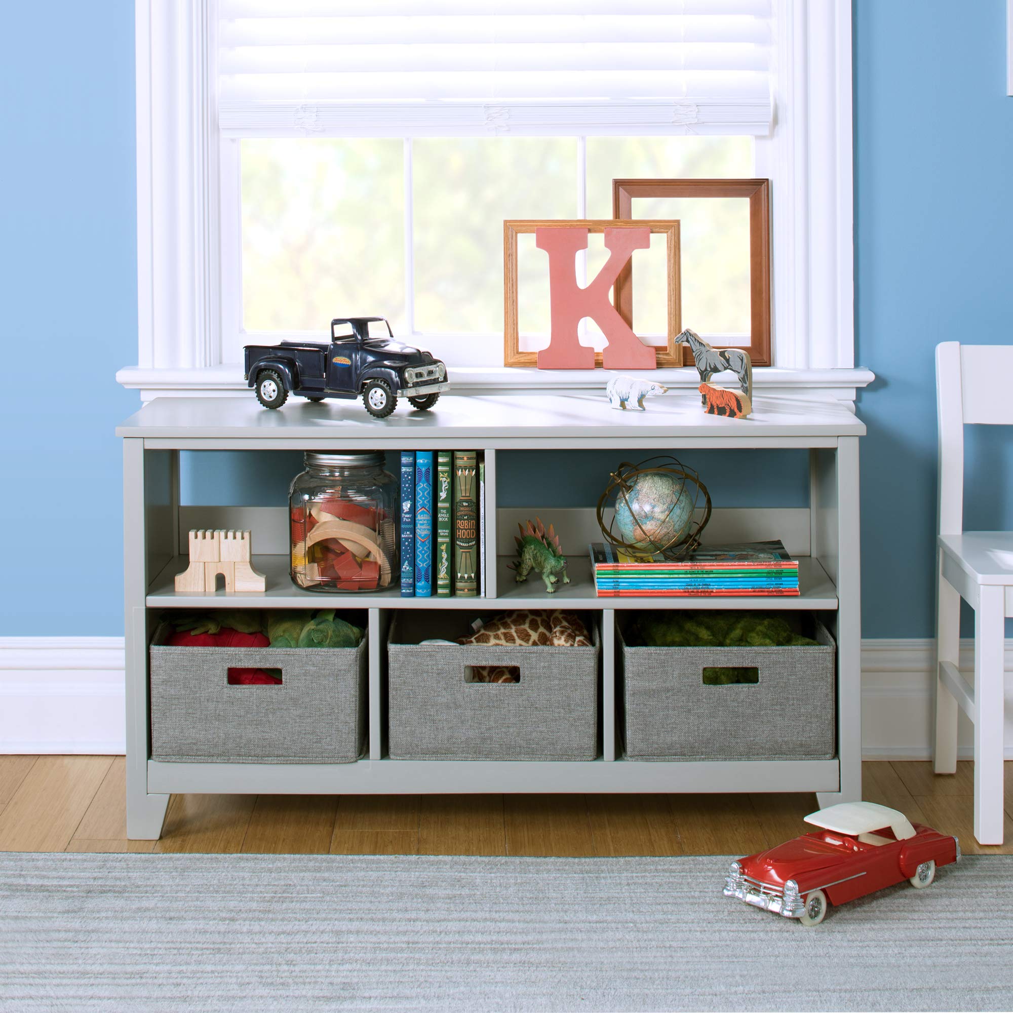 Martha Stewart Kids' Low Bookcase 24 Inch - Gray Wooden Storage Organizer with Fabric Bins for Playroom, Bedroom & Nursery | Space-Saving Kids Furniture for Books, Toys & Organization