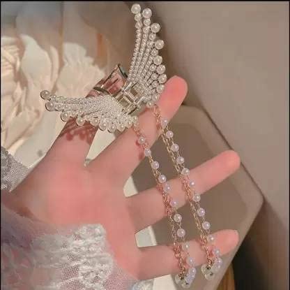 ALIBA COLLECTION Elegant Pearl Tassel Butterfly Hair Clip - Korean Style Metal Hair Claw for Women & Girls - Perfect for Weddings, Parties, and Everyday Fashion Accessories