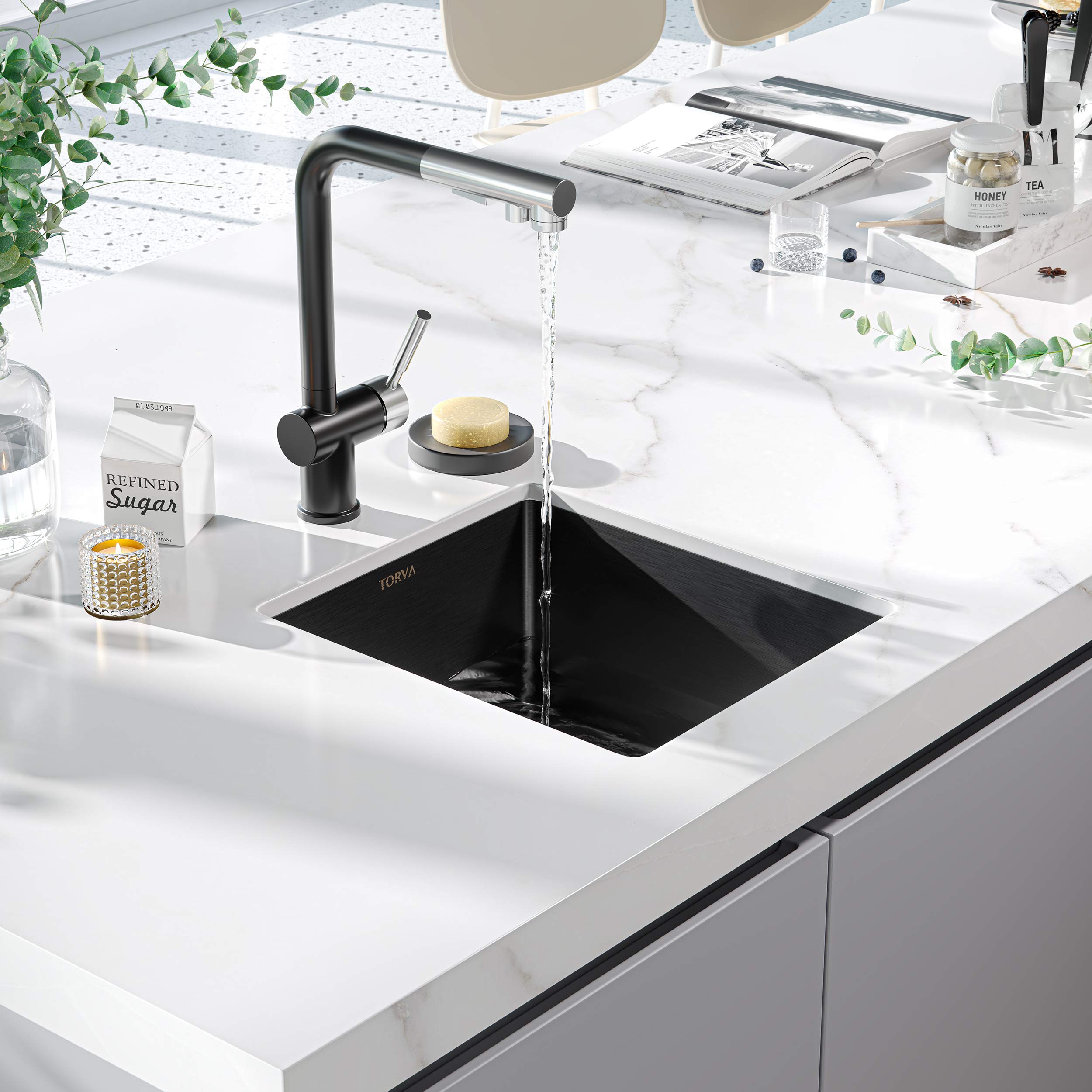 TORVA 14 x 14 Inch Undermount Bar Sink - Gloss Black Ceramic Coating with NanoTek Technology & Pull Down Kitchen Faucet | Perfect for Small Kitchens, Wet Bars, Coffee Stations & Outdoor BBQ Areas