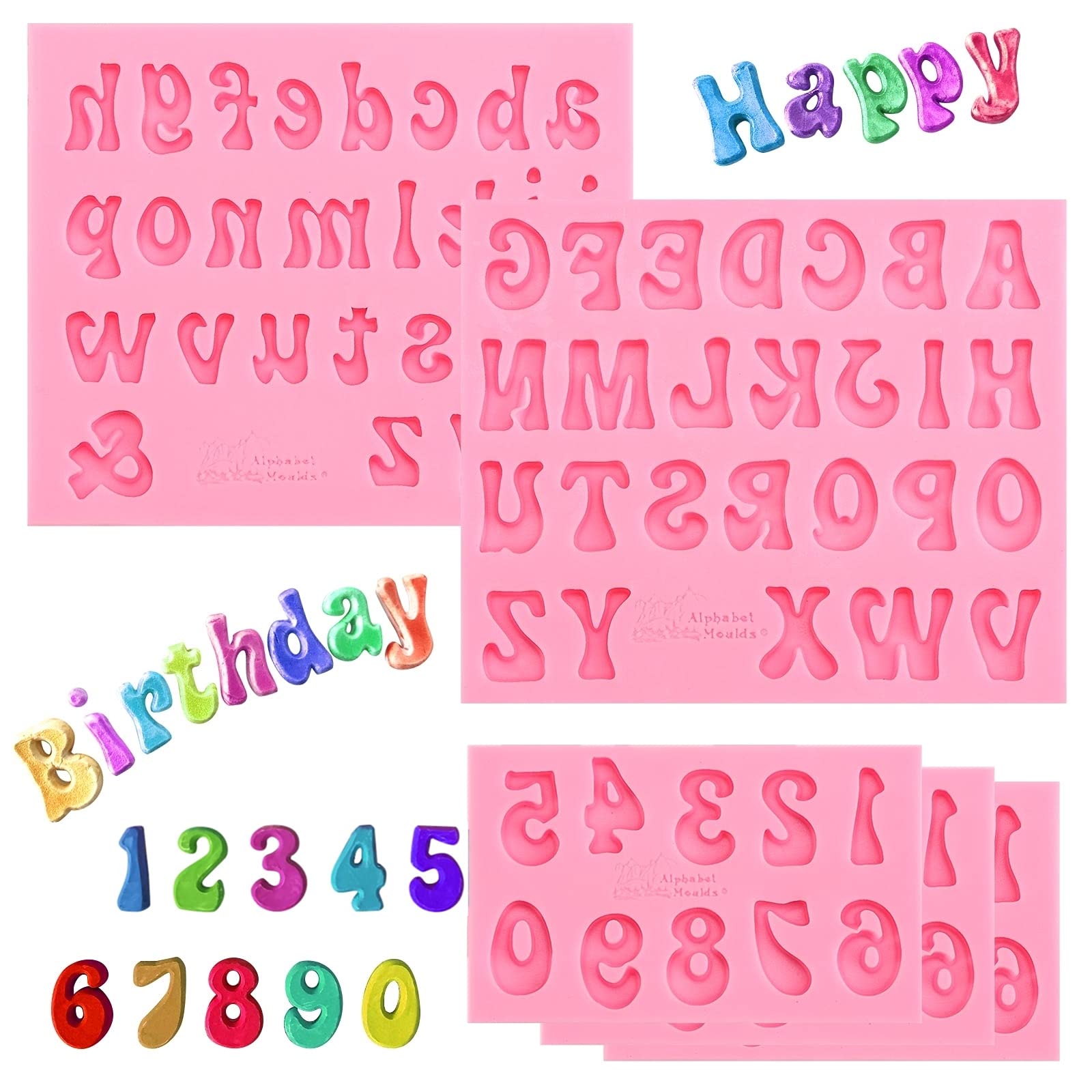 5-Piece Silicone Letter and Number Molds Set (0-9, A-Z) for Baking, Candy Making, Cake Decorating - Perfect for Chocolate Covered Strawberries, Cupcakes & DIY Desserts