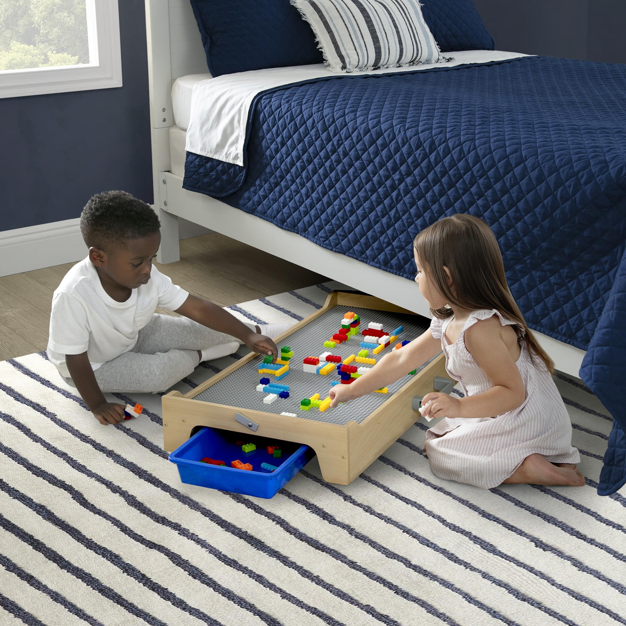 Delta Children Play N Store Building Bricks Play Table with 100+ Bricks - Large LEGO-Compatible Base Plate - Foldable Legs for Storage, Grey - Perfect for Kids Playroom, Preschool Learning & Creative Building Activities