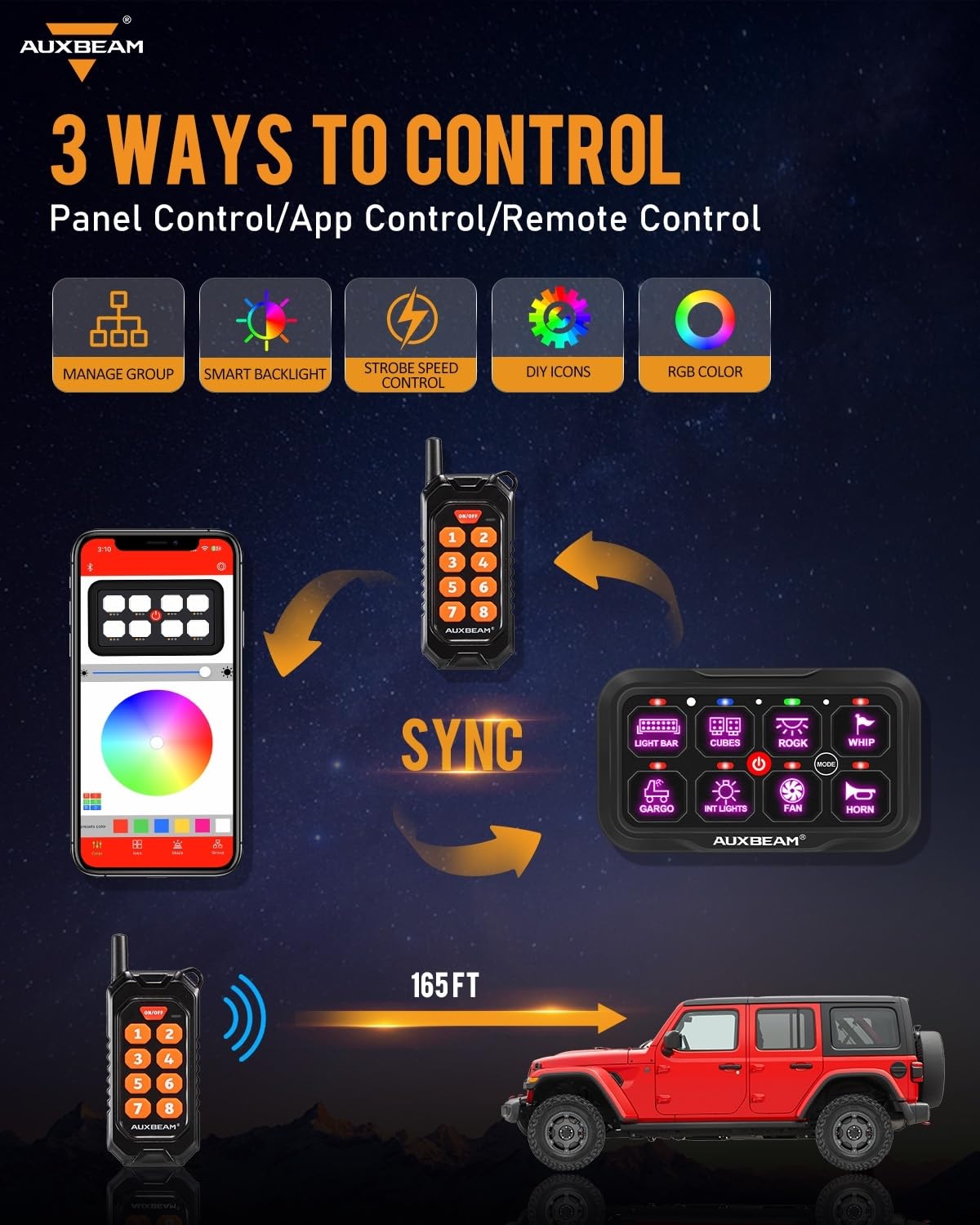 Auxbeam 8 Gang Switch Panel Bluetooth RGB AC-800 with APP & Remote Control - Waterproof Toggle Switch Panel for Truck, Offroad, UTV, ATV, Car, Marine (12-24V) - 2 Year Warranty | Perfect for Off-Road Adventures, Marine Applications & Vehicle Customization