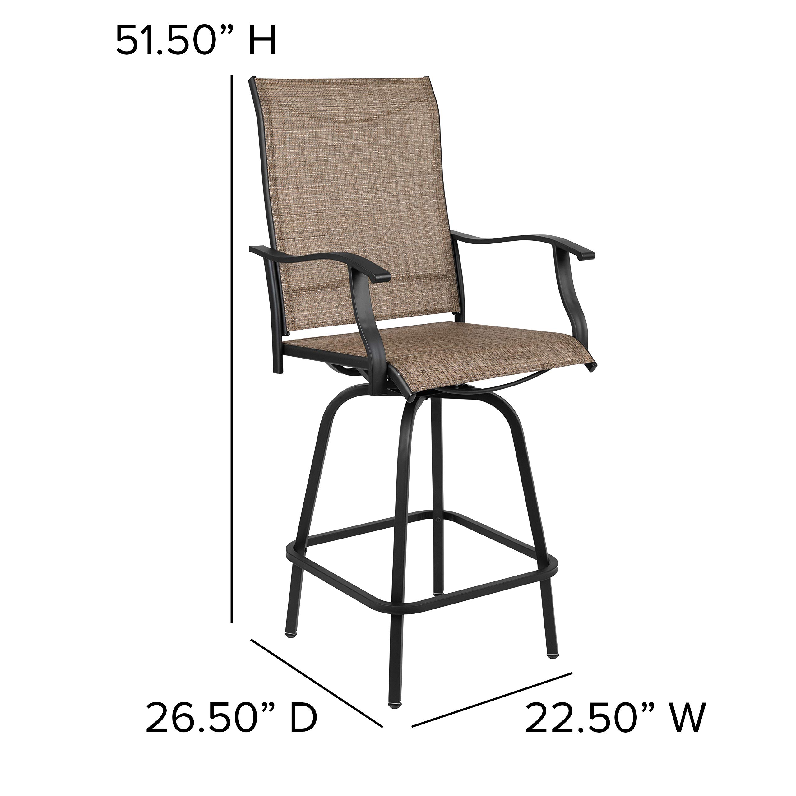 Merrick Lane Set of 2 Brett Bar Height Patio Stools - Brown Textilene Mesh Upholstery with Powder Coated Metal Frame & High Back Design - Outdoor Bar Stools for Patio, Deck, Poolside or Backyard - Comfortable Counter Height Stools with Integrated Arms