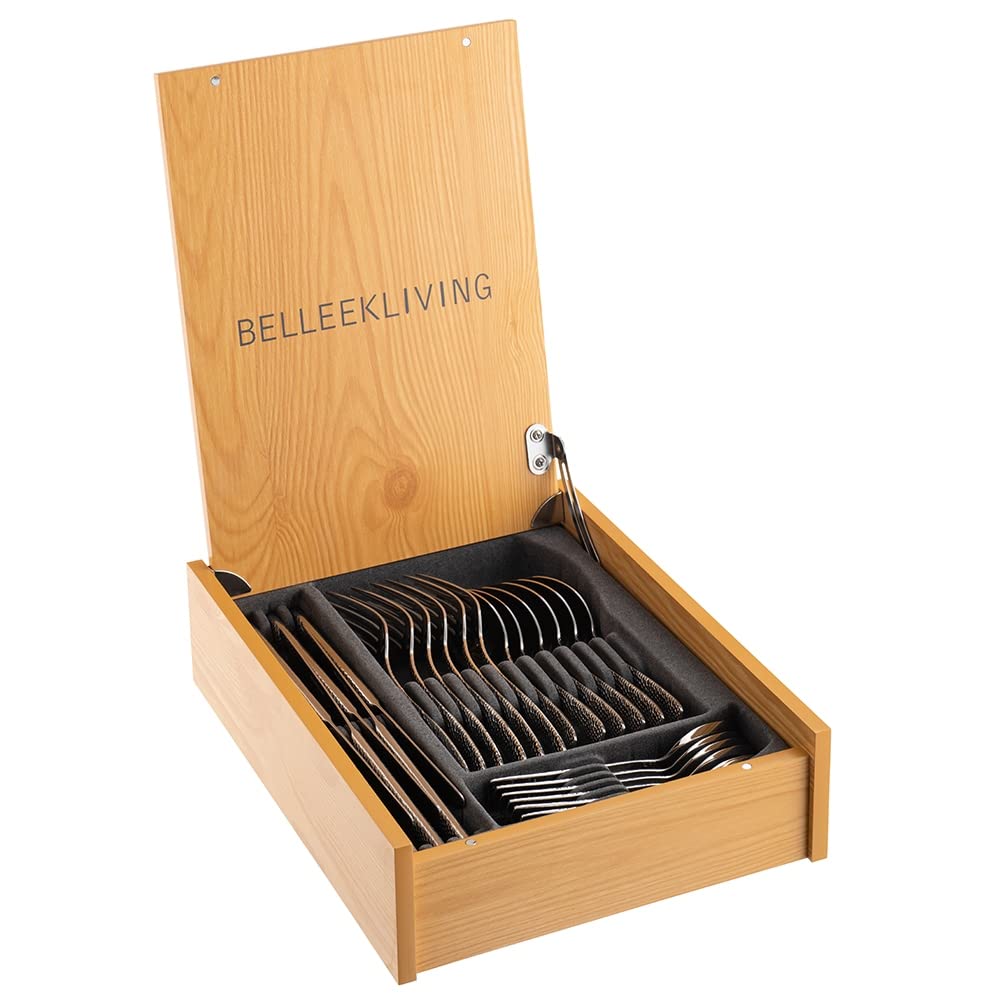 Belleek Nordica 24-Piece Stainless Steel Flatware Set - Premium 18/10 Cutlery Set with Wooden Organizer - Dishwasher Safe Silverware for Dining, Wedding Gifts & Home Decor