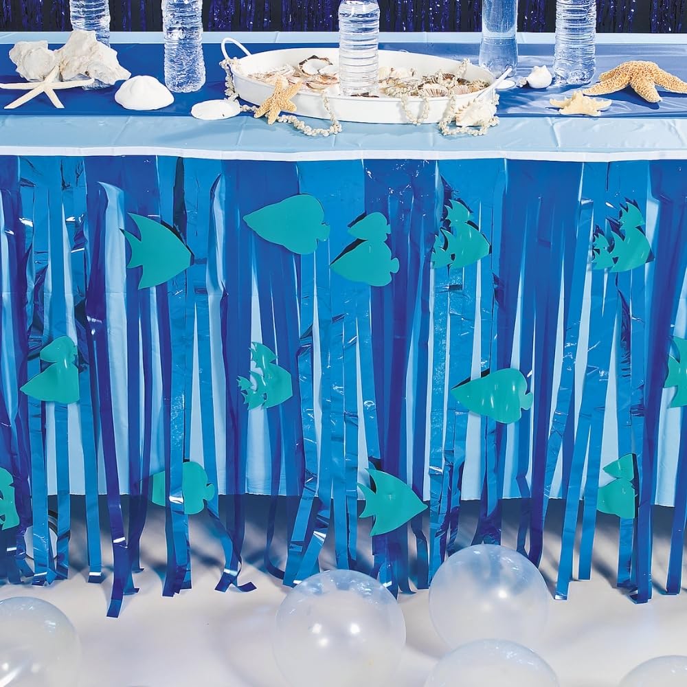 Under The Sea Metallic Fringe Plastic Table Skirt with Cutouts - 54 Inch Party Table Cover for Ocean Theme Decorations, VBS Vacation Bible School Supplies, Birthday & Wedding Events - 1 Piece