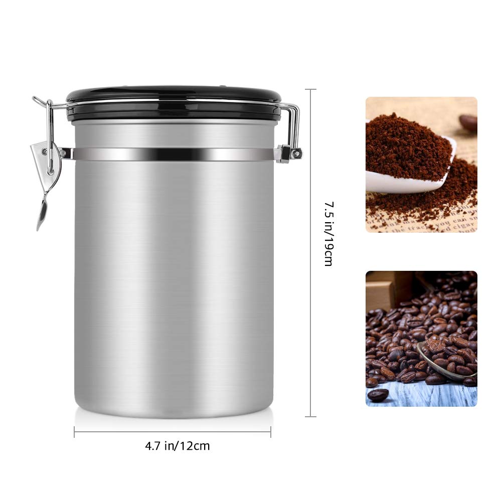 Vacuum Sealed Stainless Steel Coffee Canister - 1.8L Large Airtight Coffee Storage Container for Whole Beans & Ground Coffee - Keeps Fresh for Kitchen, Office & Camping Use (Silver)