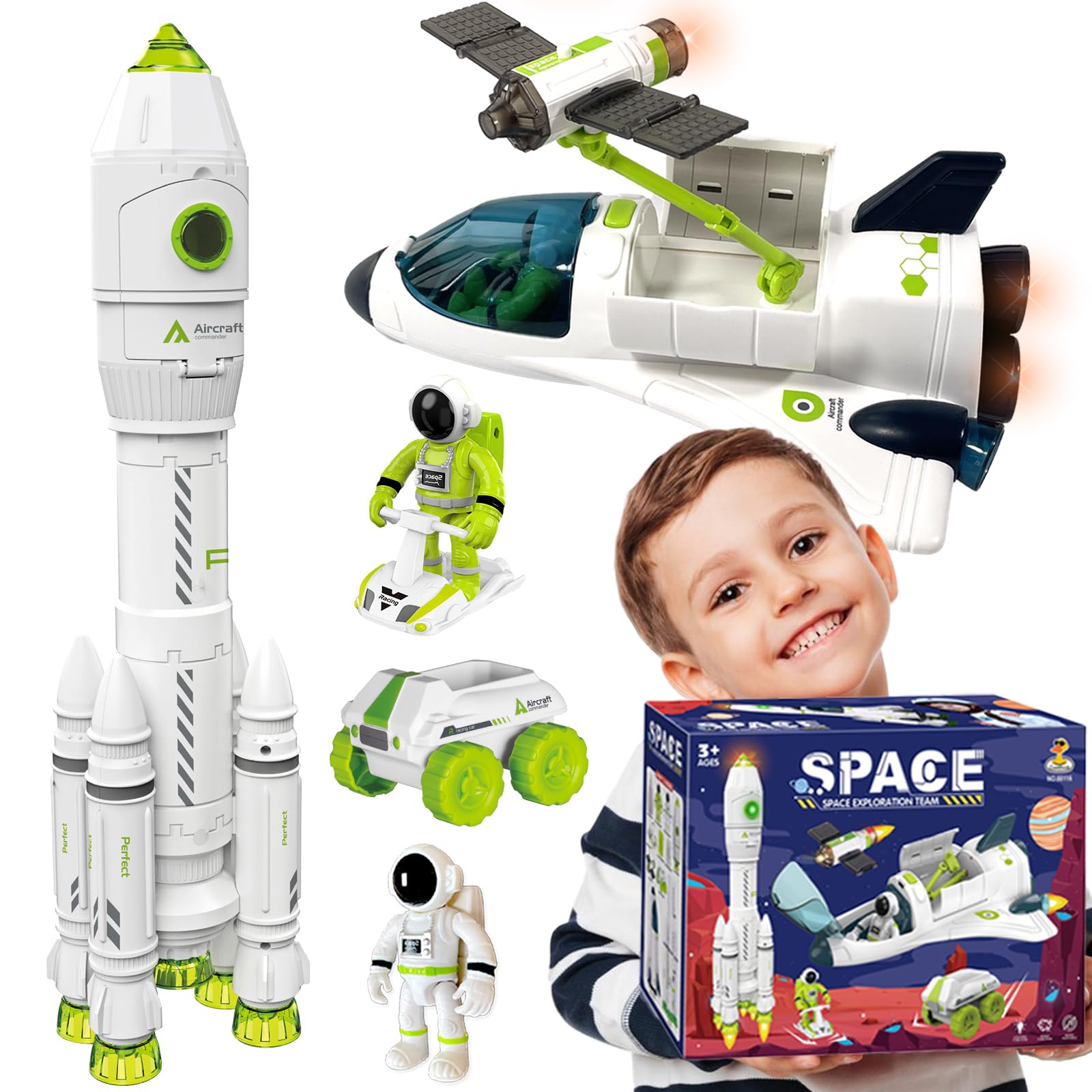 Space Rocket Shuttle Toy Set with Lights & Sounds - STEM Educational Spacecraft Airplane Toys for Kids Ages 3-8 - Includes Astronaut Figures - Perfect Birthday Gift for Boys & Girls - Great for Imaginative Play, Space Exploration Learning & Bedtime Adventures