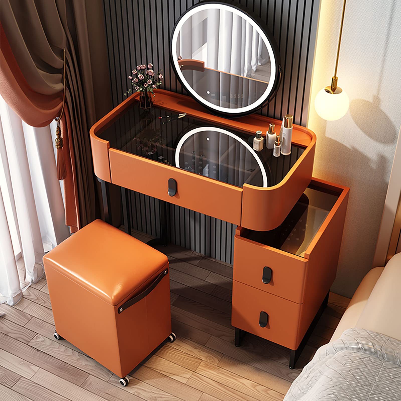 EVILO Makeup Vanity Table with LED Lights, Storage Cabinet & Glass Top - Modern Dressing Table Set with Stool for Bedroom, Orange | Perfect for Makeup, Skincare & Hair Styling